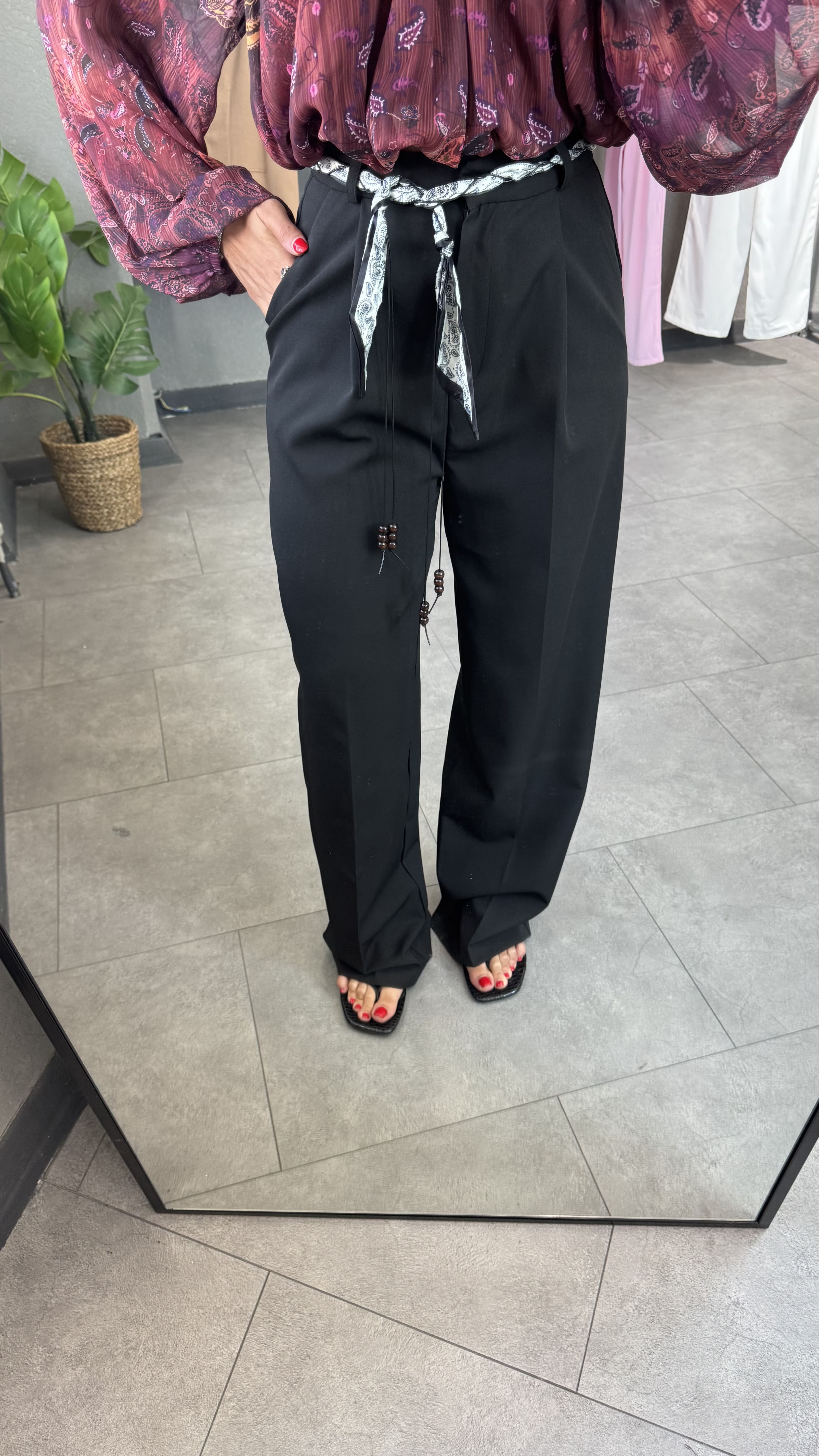 Fular kemerli Yüksek Bel Pileli Palazzo Pantolon