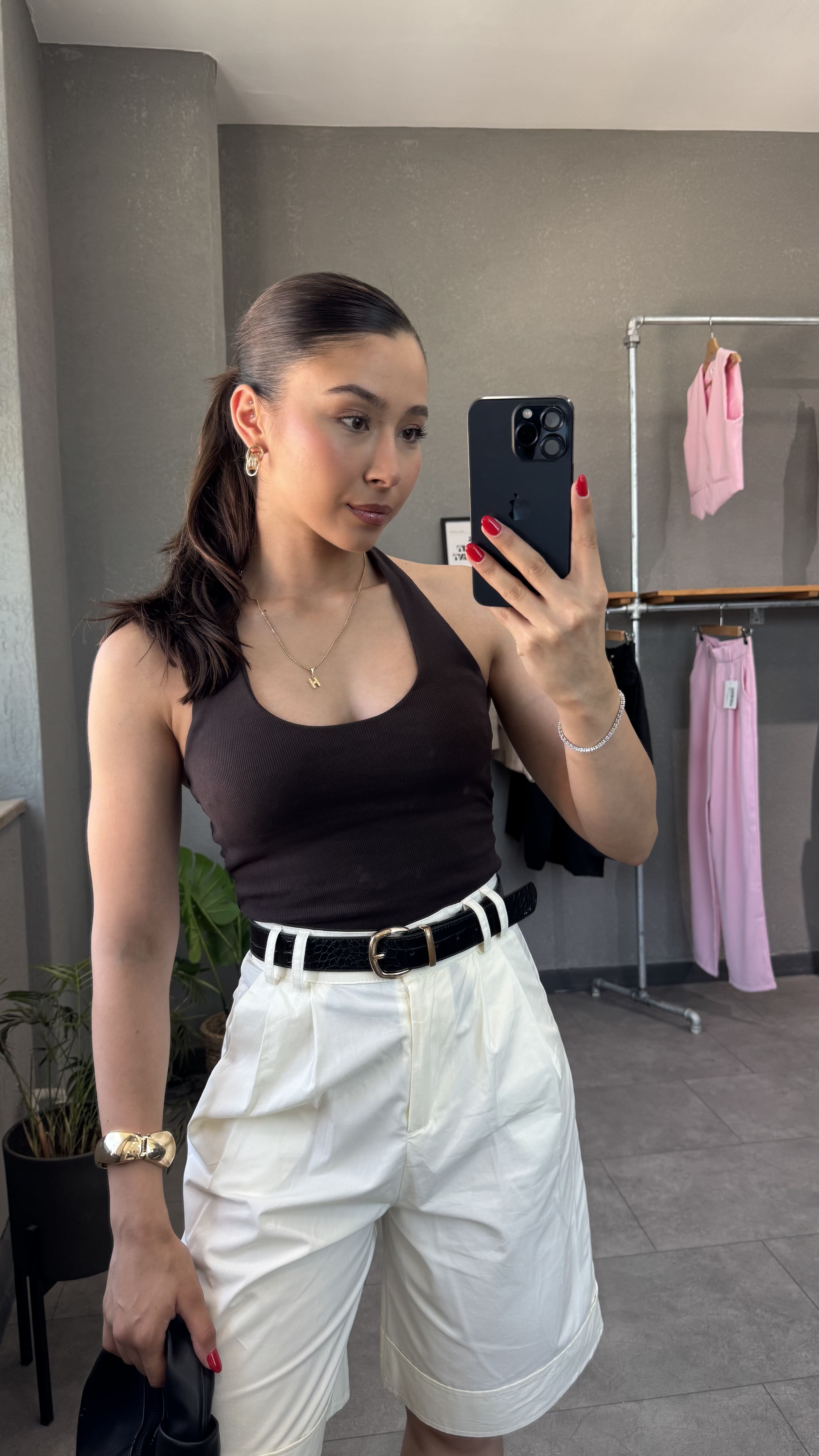 Halter Yaka Sırt Dekolteli Fitilli Bluz