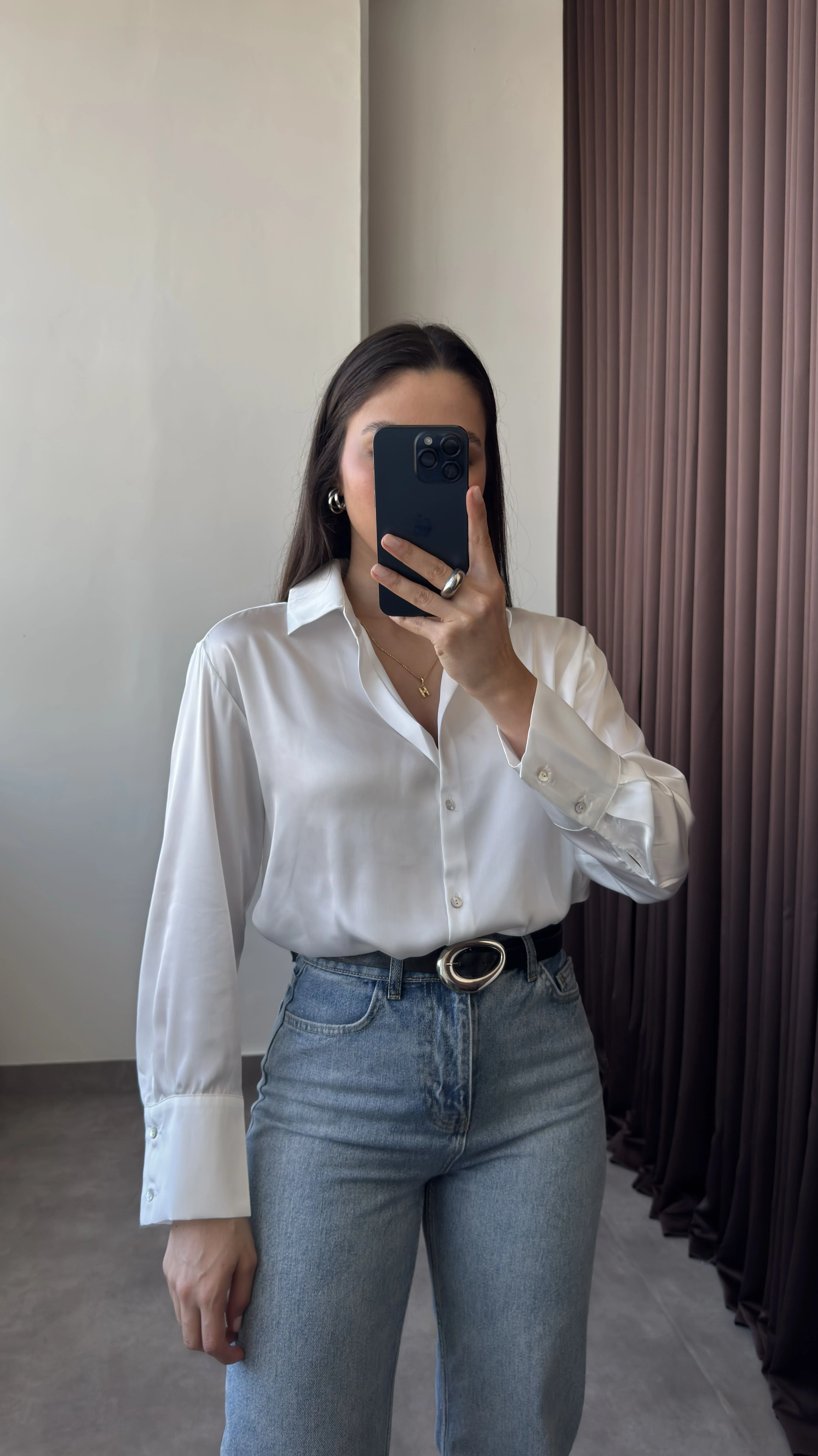 Basic Ekru Kadın Saten Gömlek