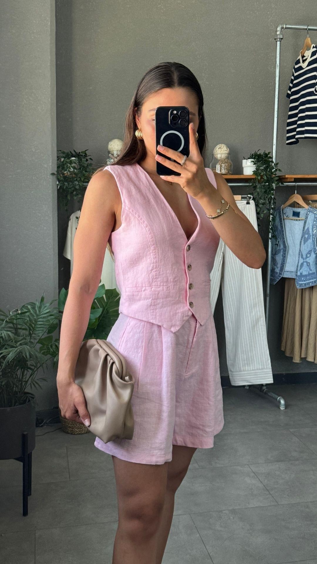 Pileli Yüksek Bel Keten Pembe Kadın Şort