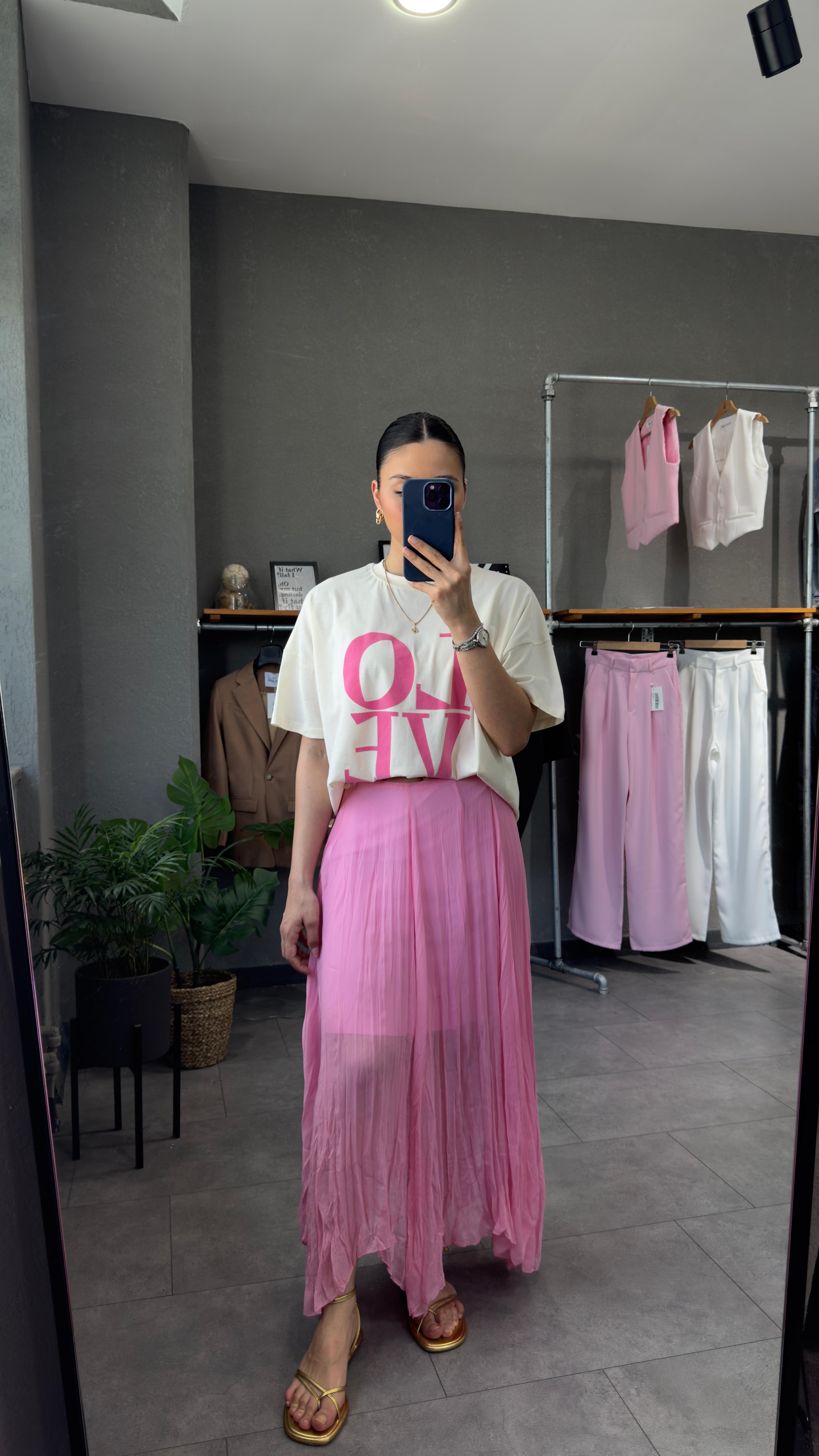 Yarım Astarlı Uzun Kraşlı Etek - Pembe
