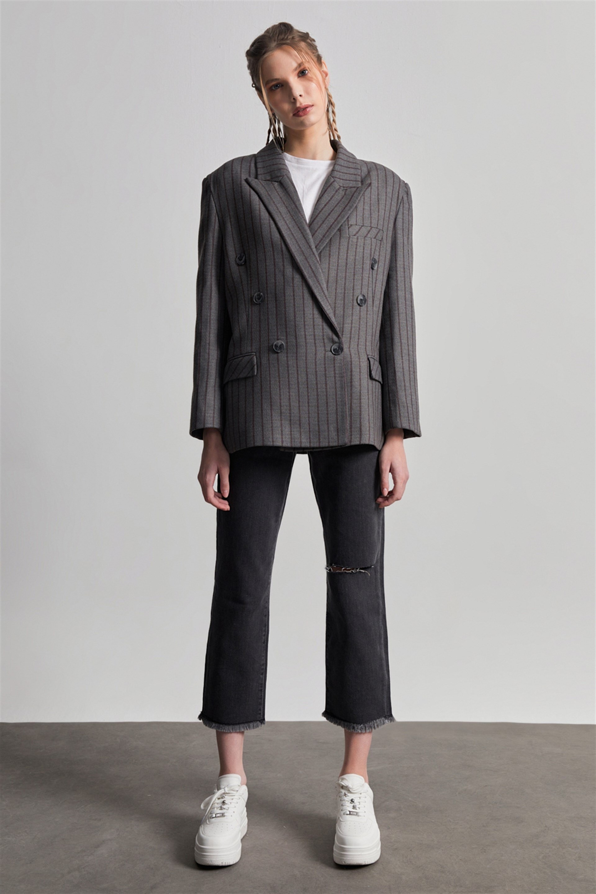 Bordo Çizgili Maskülen Oversize Kaşe Blazer Ceket