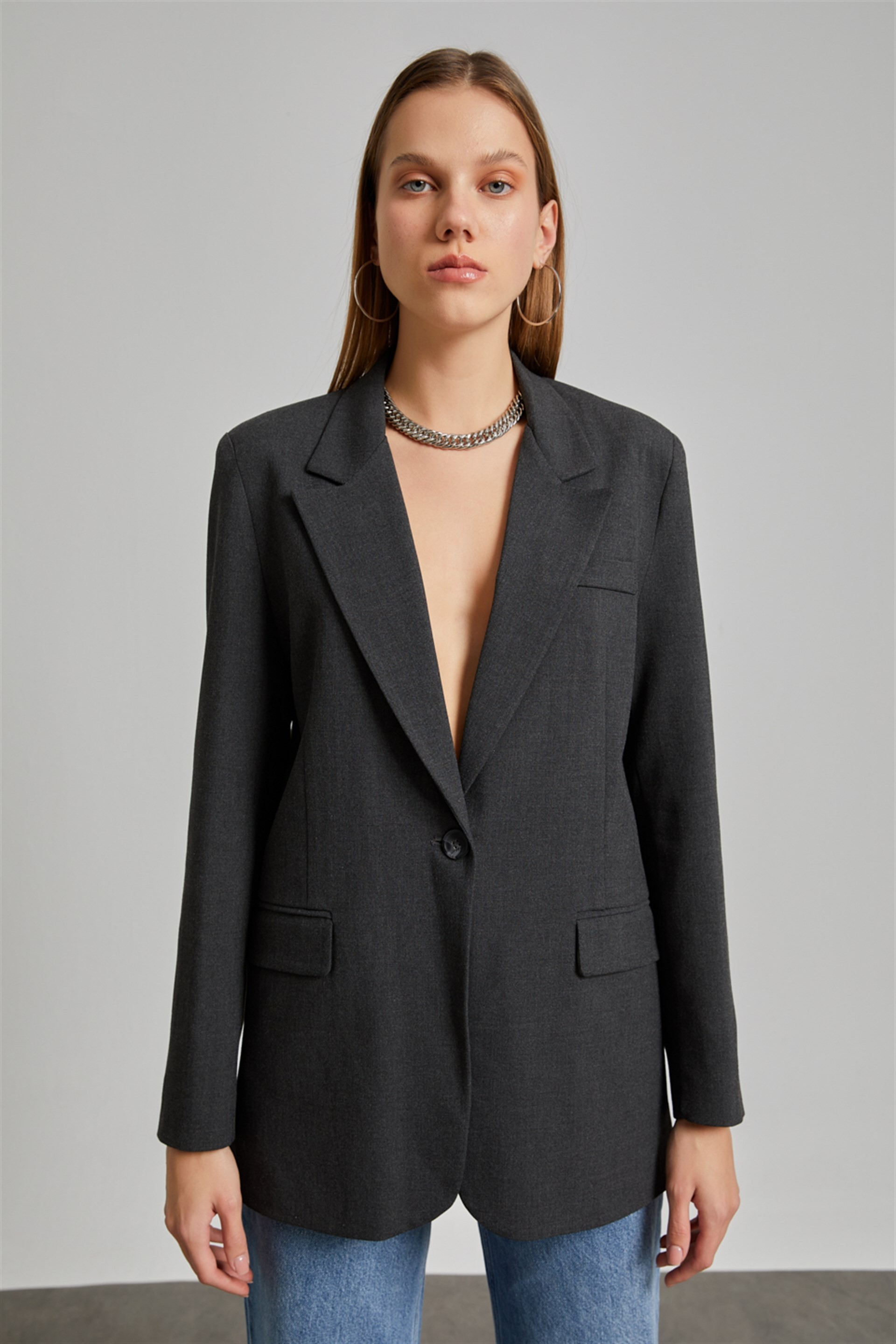 Antrasit Desenli Astarlı Blazer Ceket