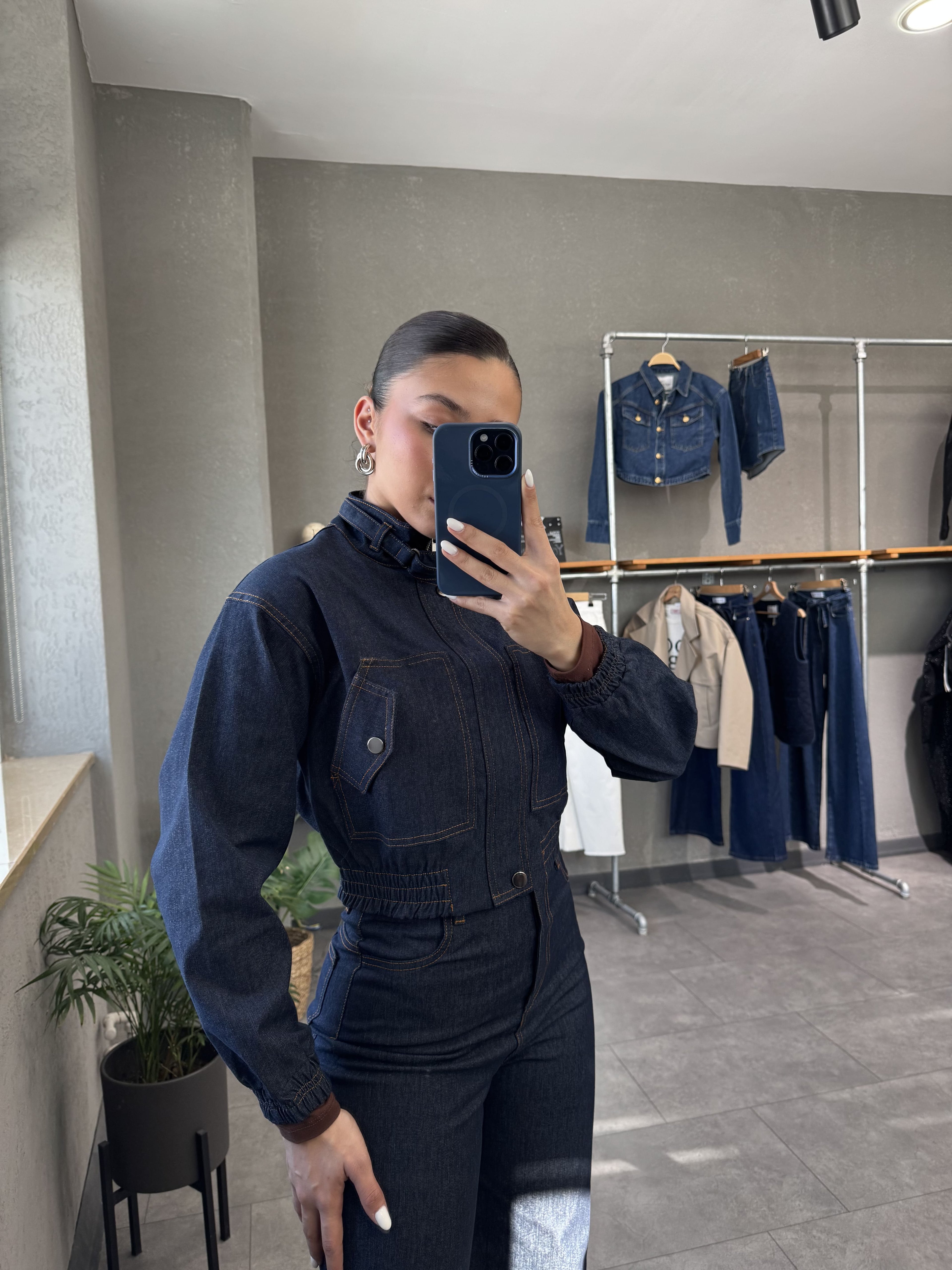 Beli lastikli Denim görünümlü Kadın Bomber Ceket