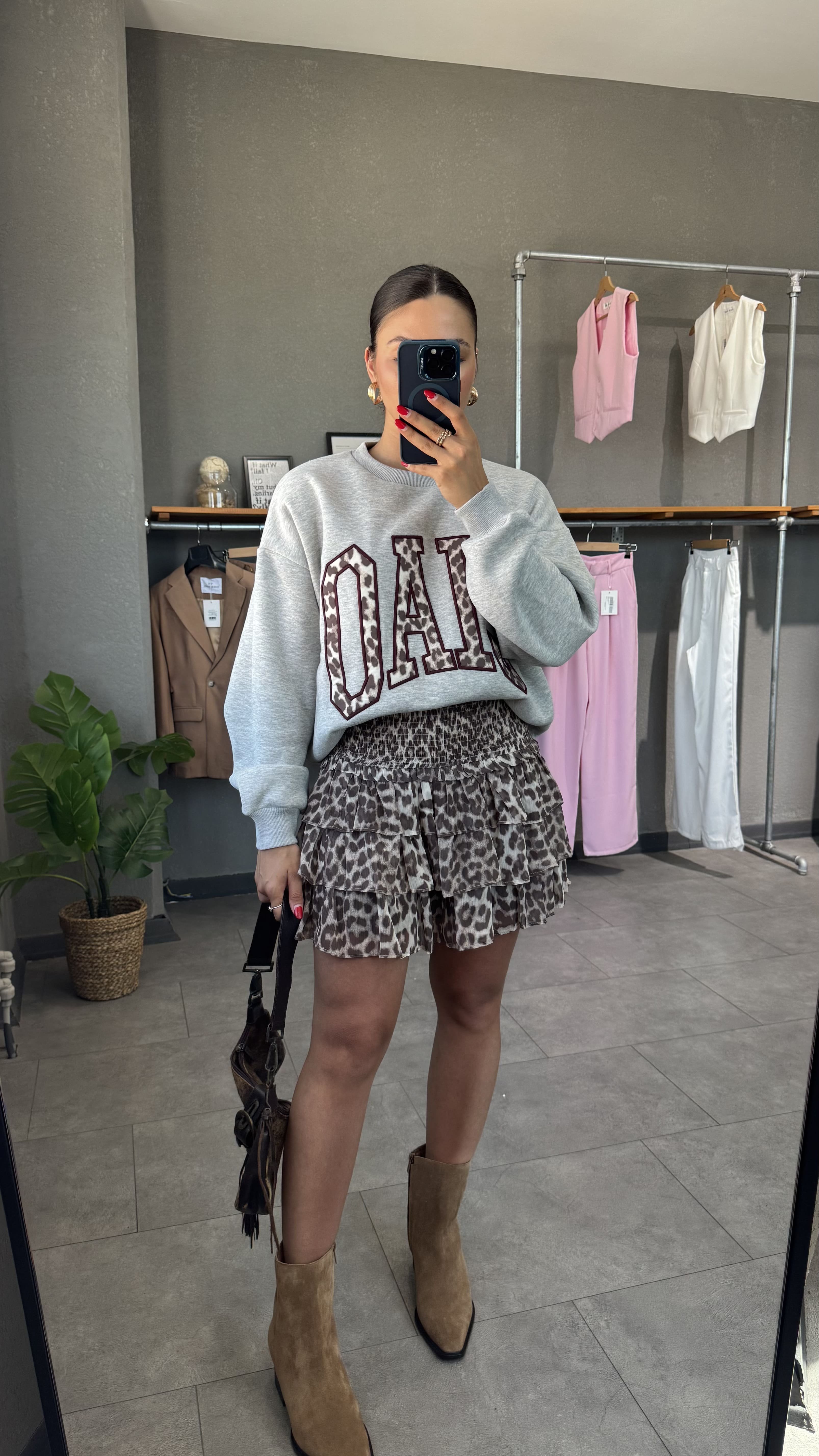 Beli Lastikli Katmanlı Leopar Desen Mini Etek