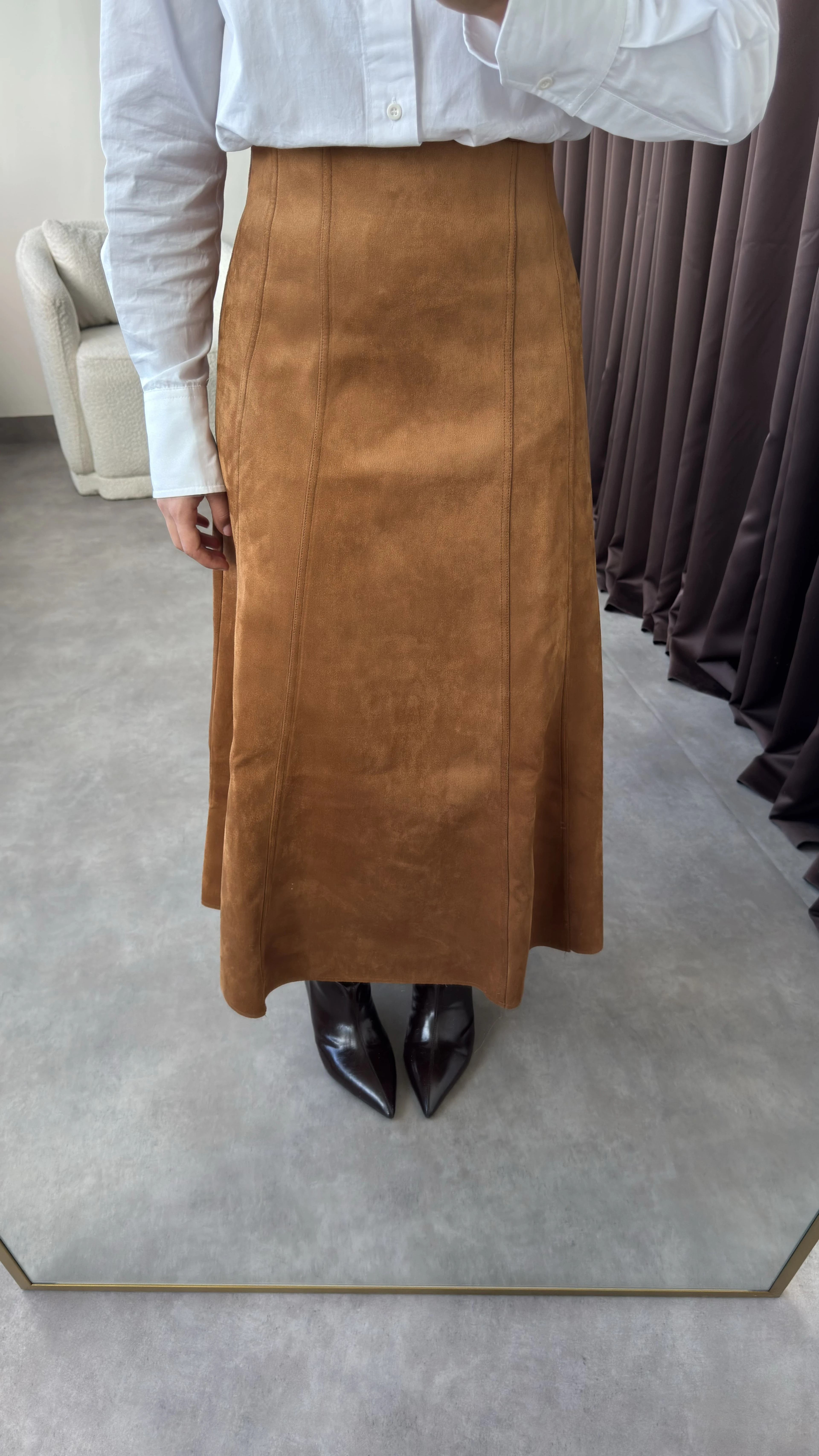 Kadın Taba Uzun Kloş Süet Etek