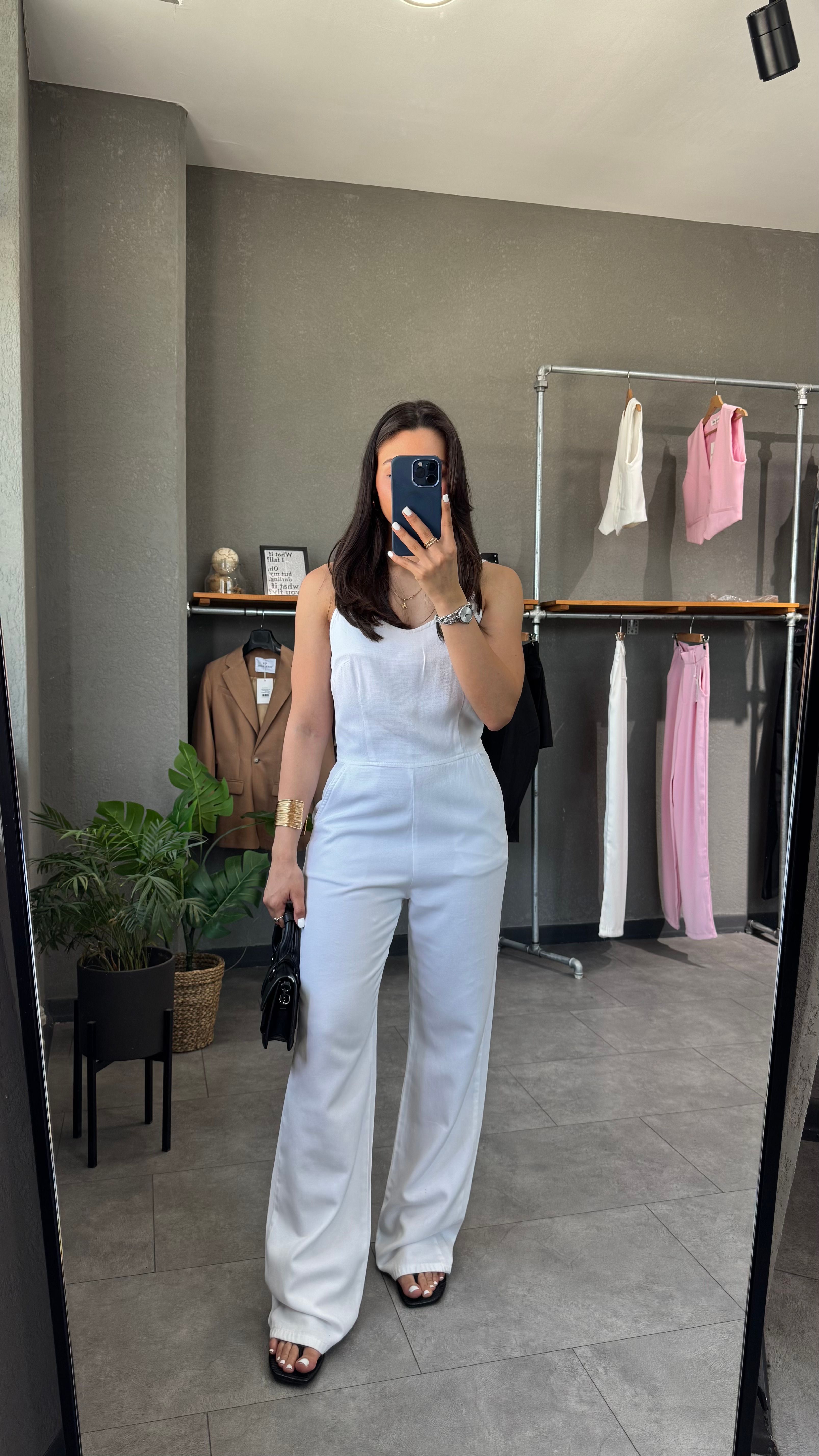İnce Askılı Tensel Denim Tulum - Beyaz