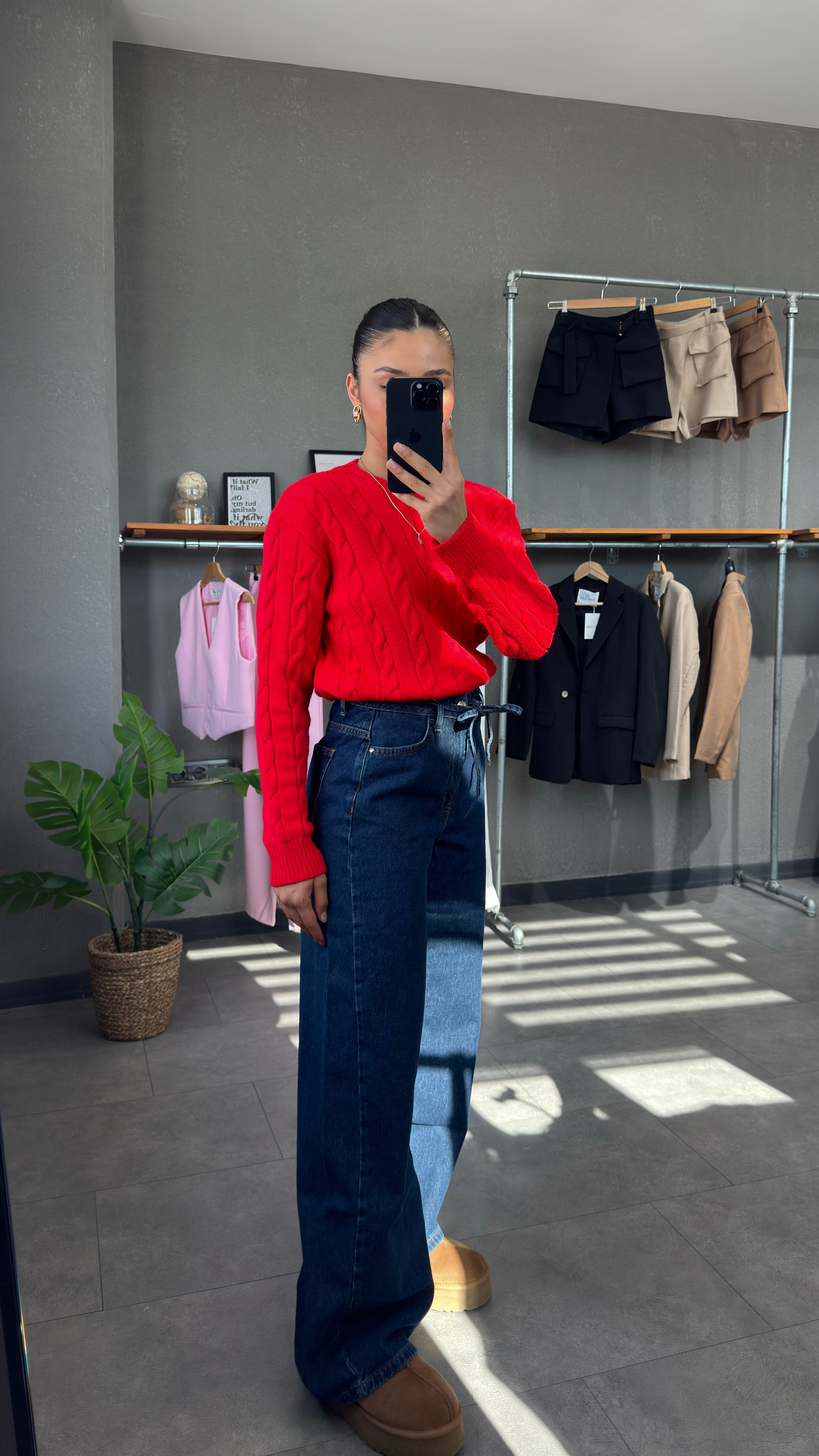 Yüksek Bel Beli Kordonlu Mavi Wide Leg Kadın Jean