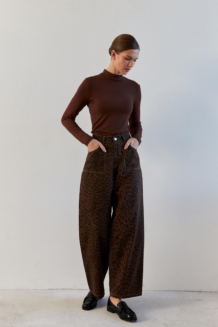 Yüksek Bel Leopar Desenli Kahve Straight Fit Kadın Jean