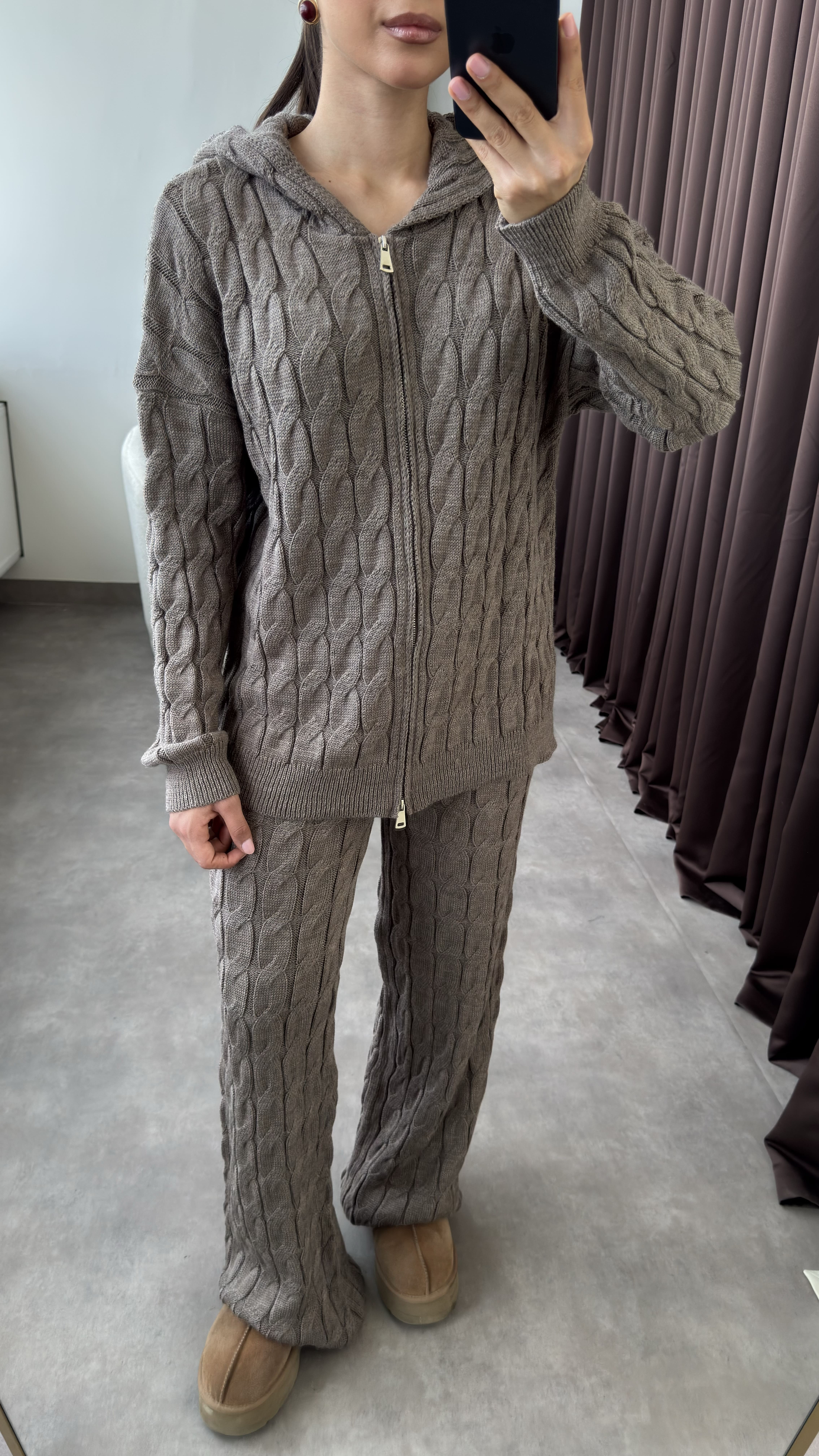 Çift Fermuarlı Kapüşonlu Saç Örgü Triko Takım