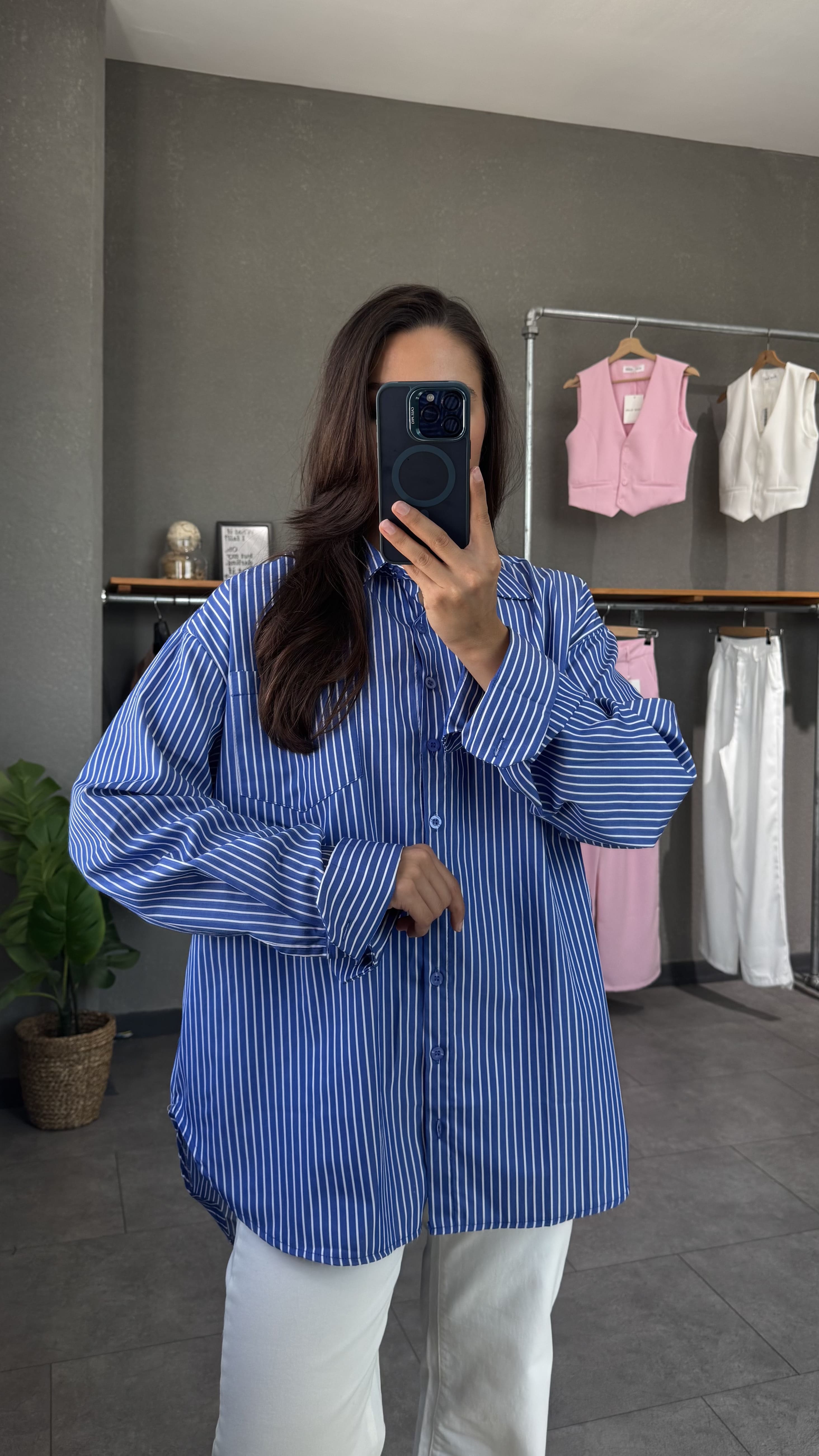 Poplin Oversize Çizgili Koyu Mavi Kadın Gömlek