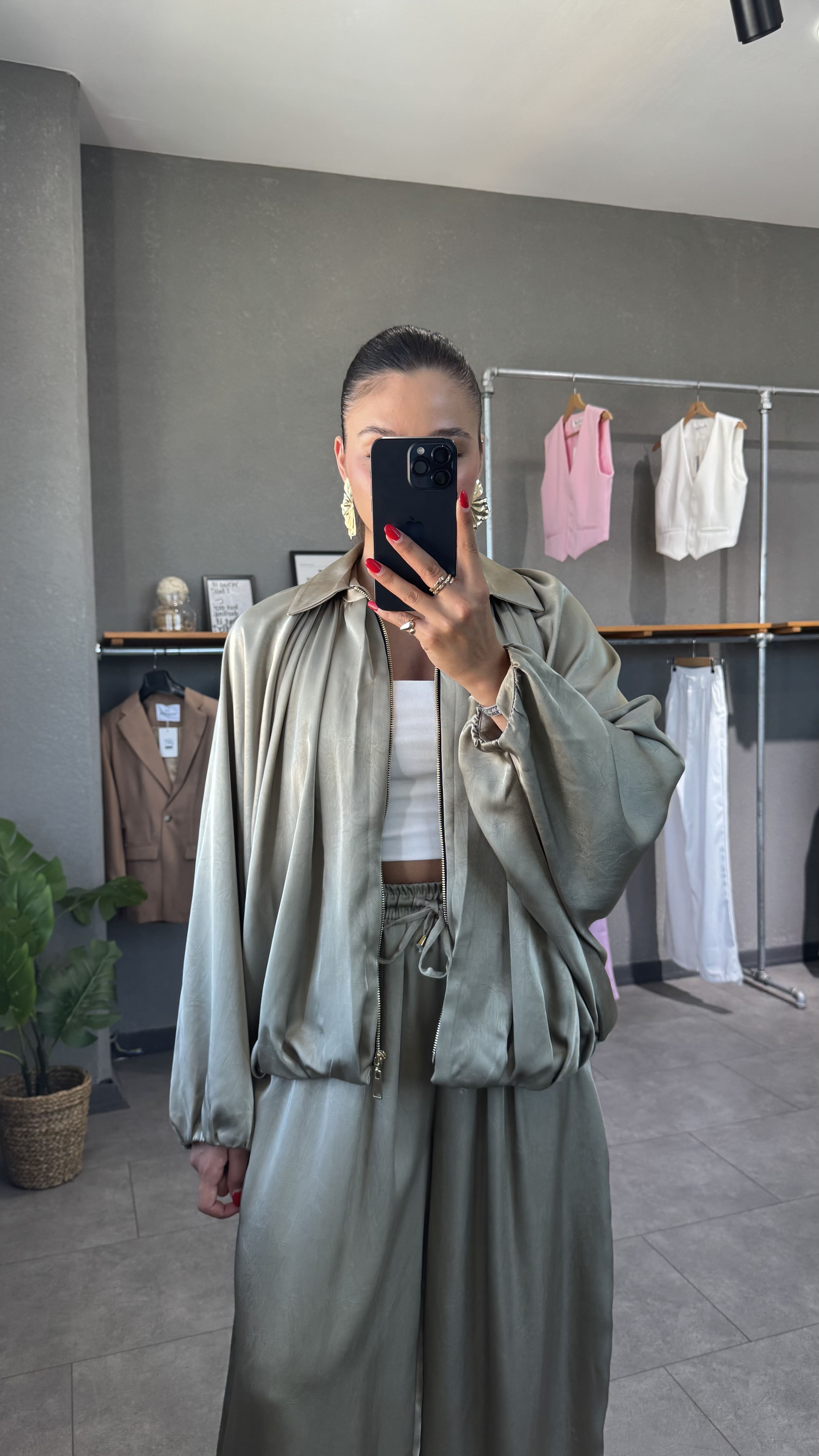 Saten Bomber Ceket - Yeşil
