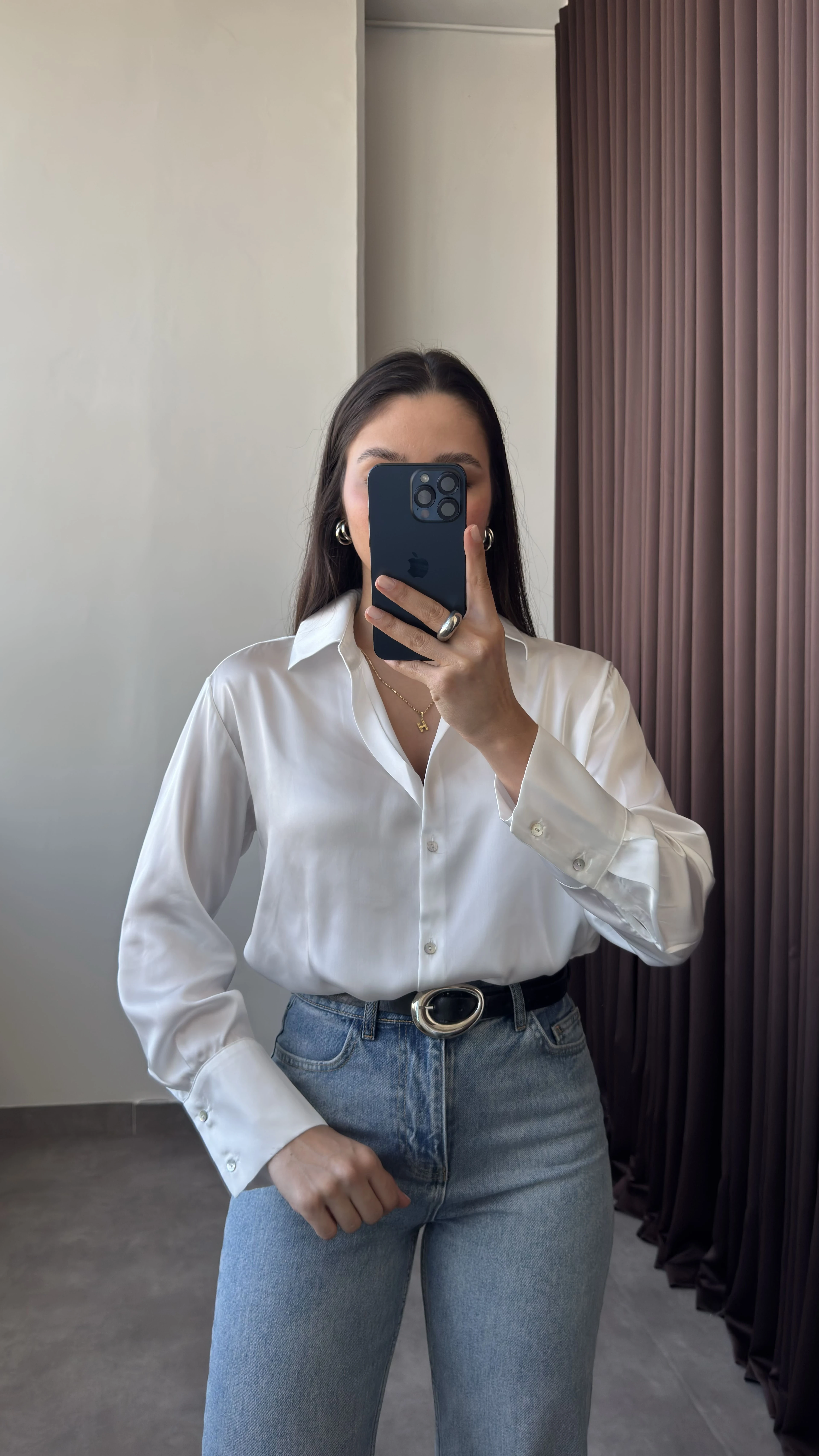 Basic Ekru Kadın Saten Gömlek