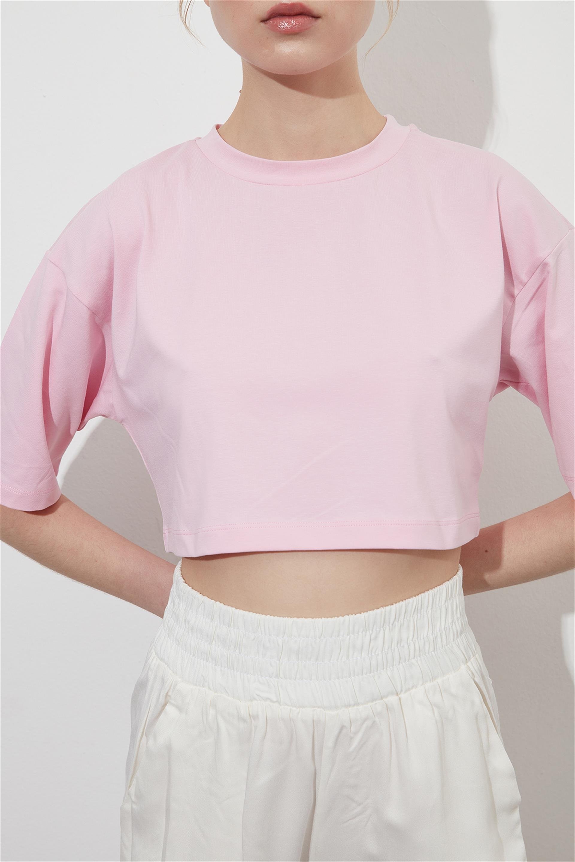 Toz Pembe Crop Kısa Kol T-shirt