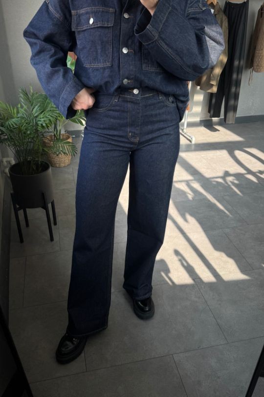 Cep Detaylı Kuşaklı Lacivert Denim ceket Jean Takım