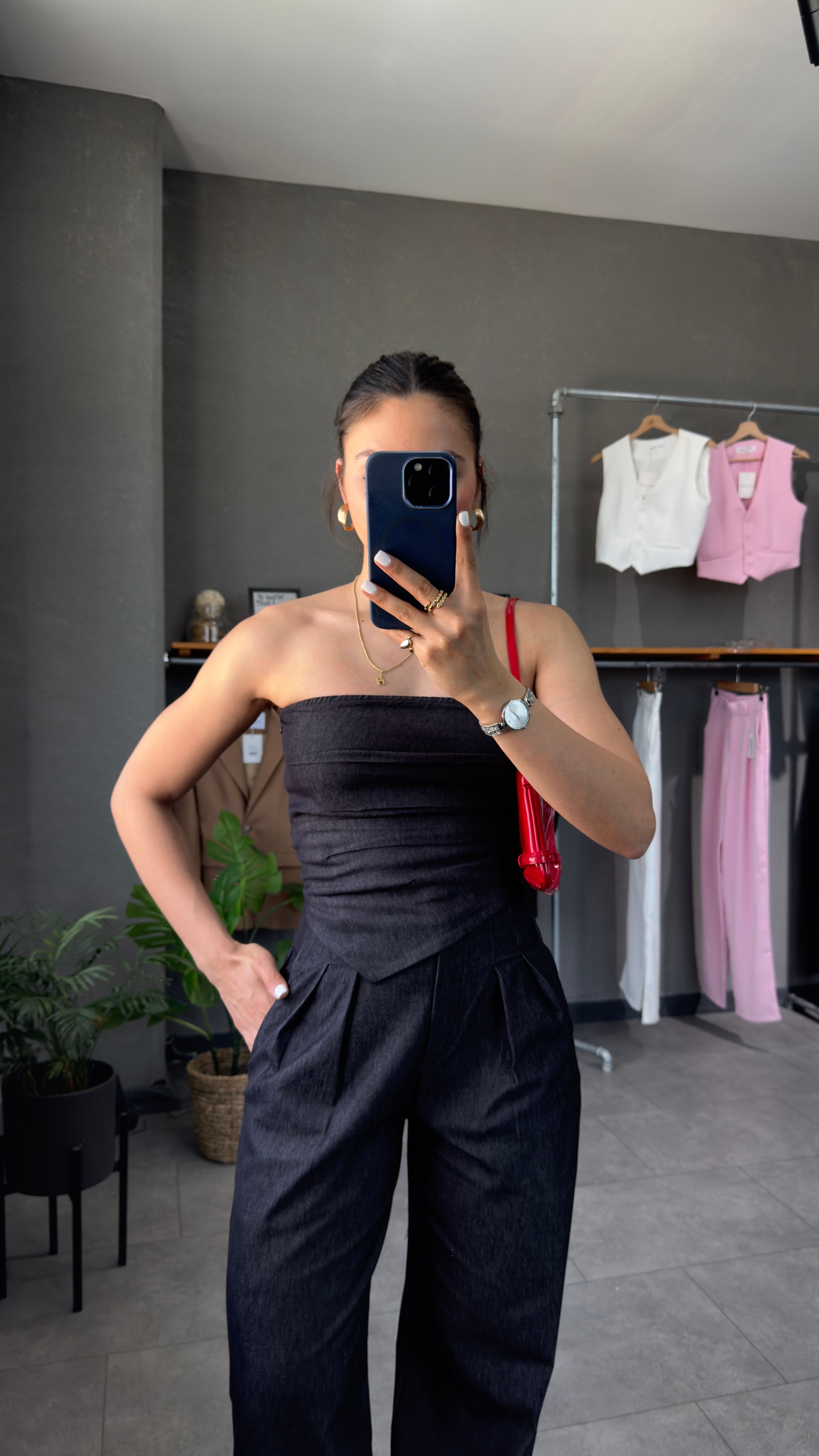 Straplez Denim Görünümlü Büstiyer Lacivert Renk Pantolon Takım