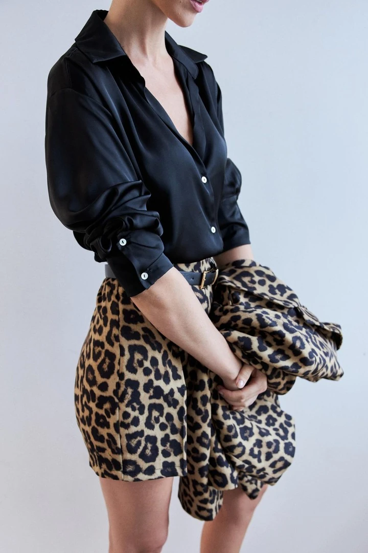 Basic Siyah Kadın Saten Gömlek