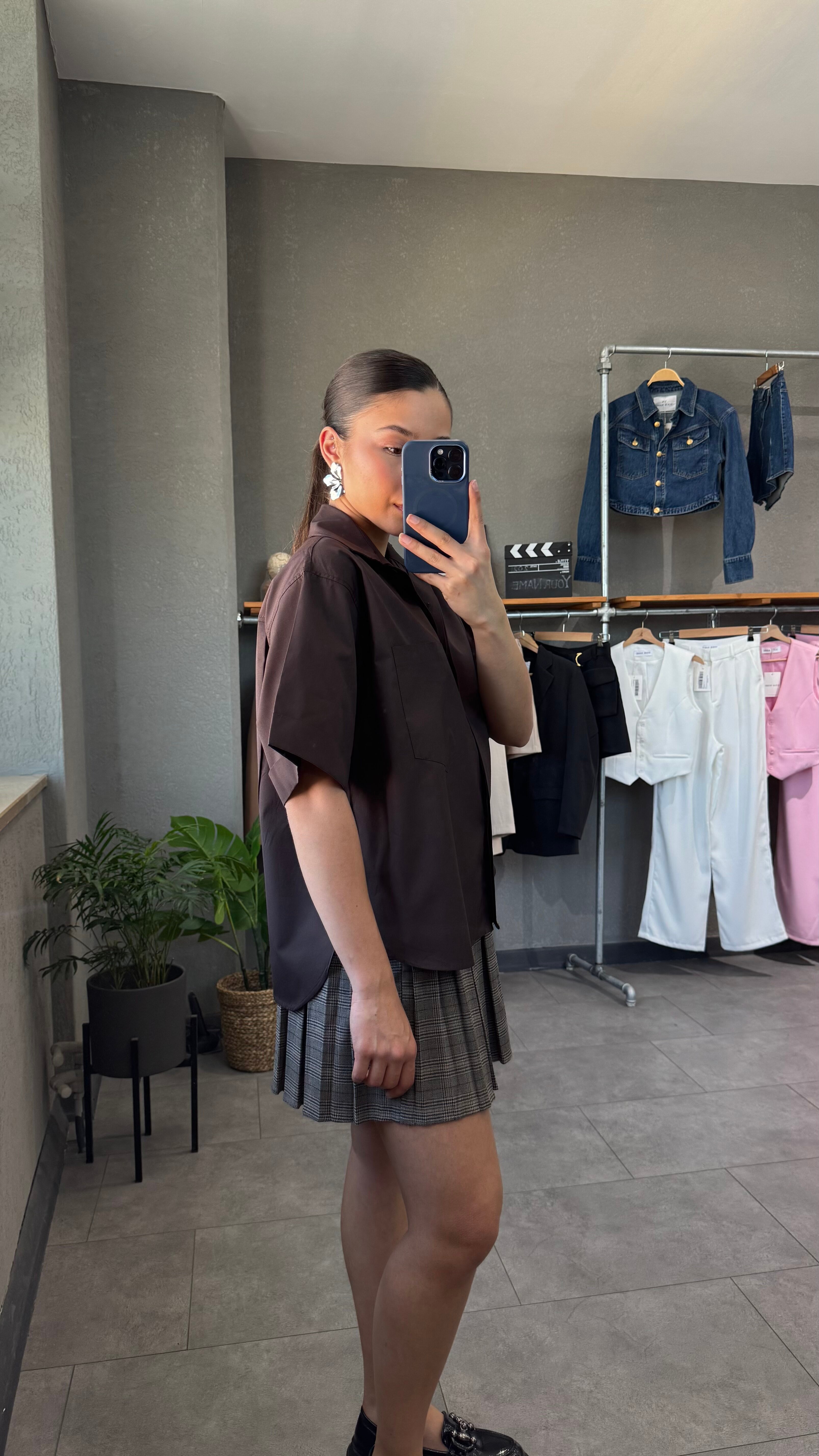 Oversize Cep Detaylı Poplin Kısa Kol Kadın Gömlek