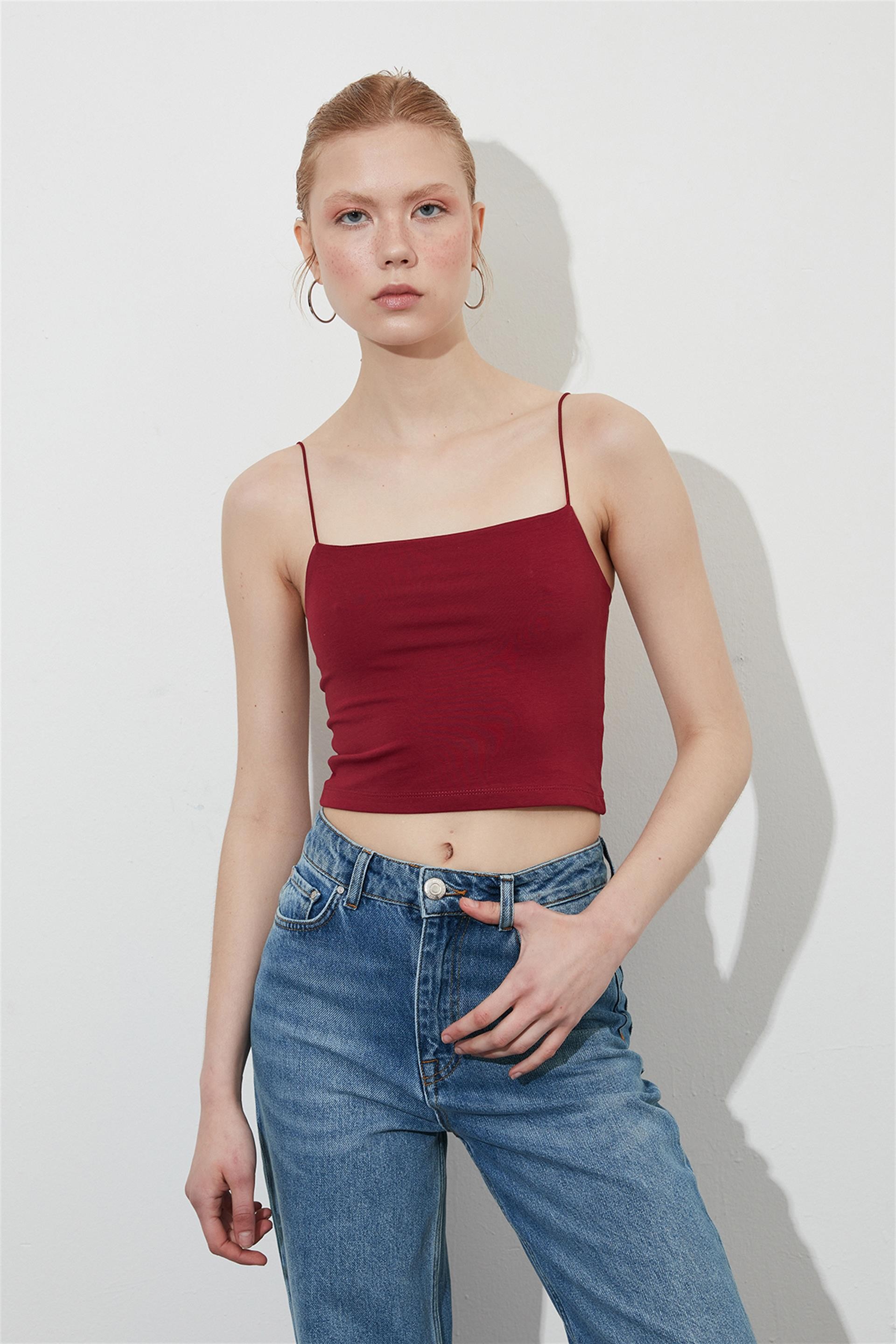 İp Askılı Bordo Crop Top