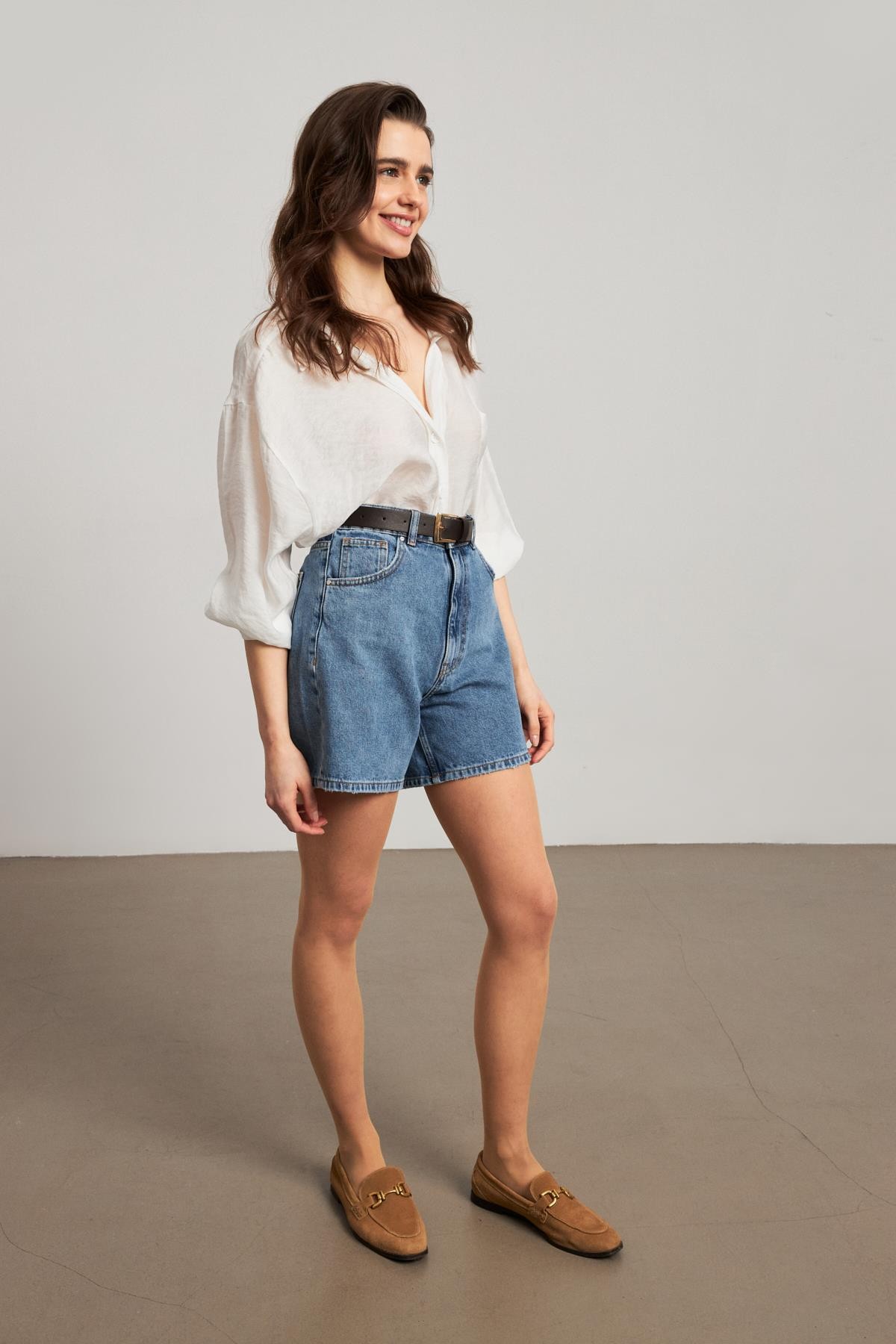 Yüksek Bel Koyu Mavi Denim Kadın Şort