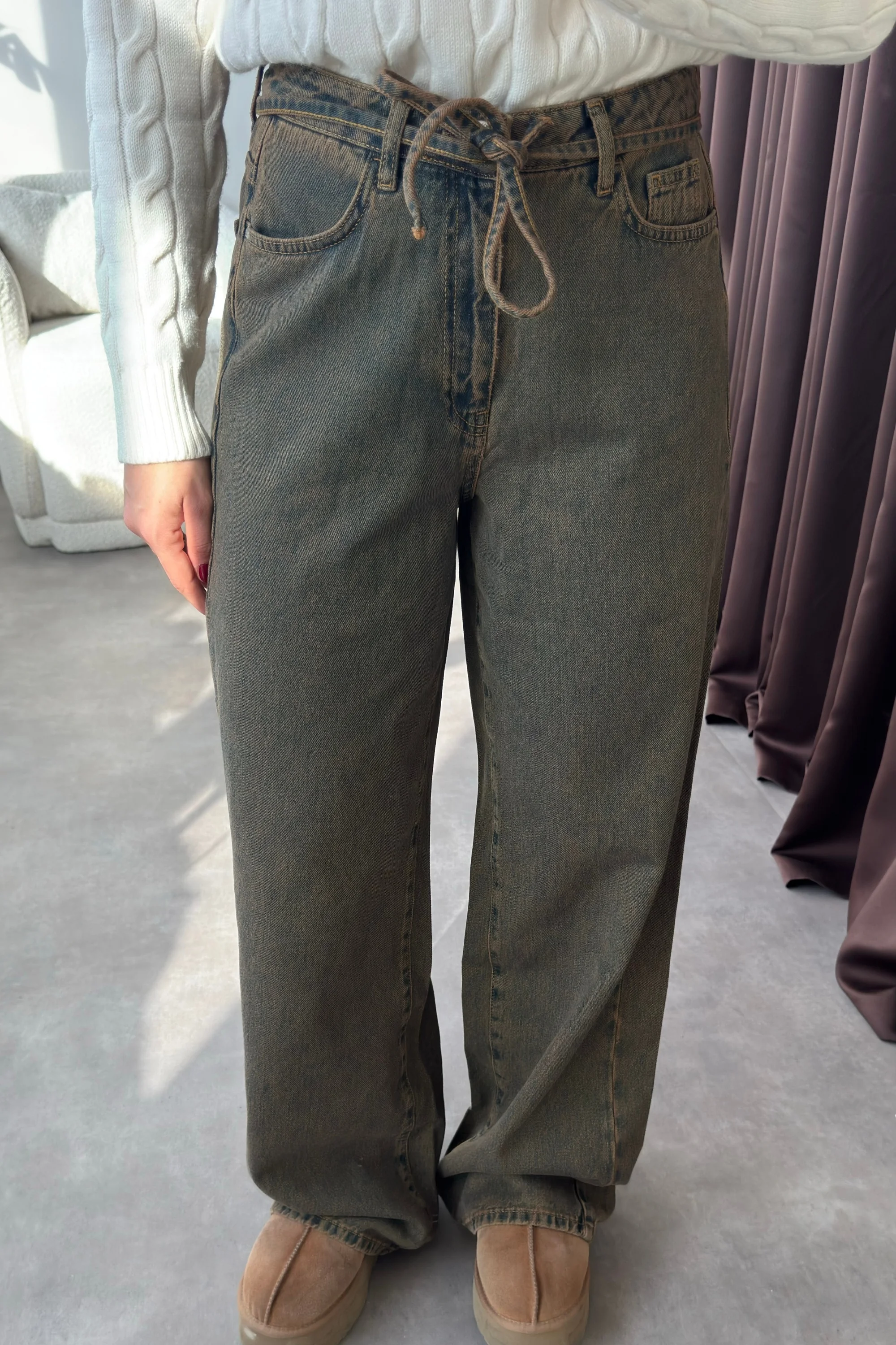 Yüksek Bel Beli Kordonlu Yeşil Wide Leg Kadın Jean