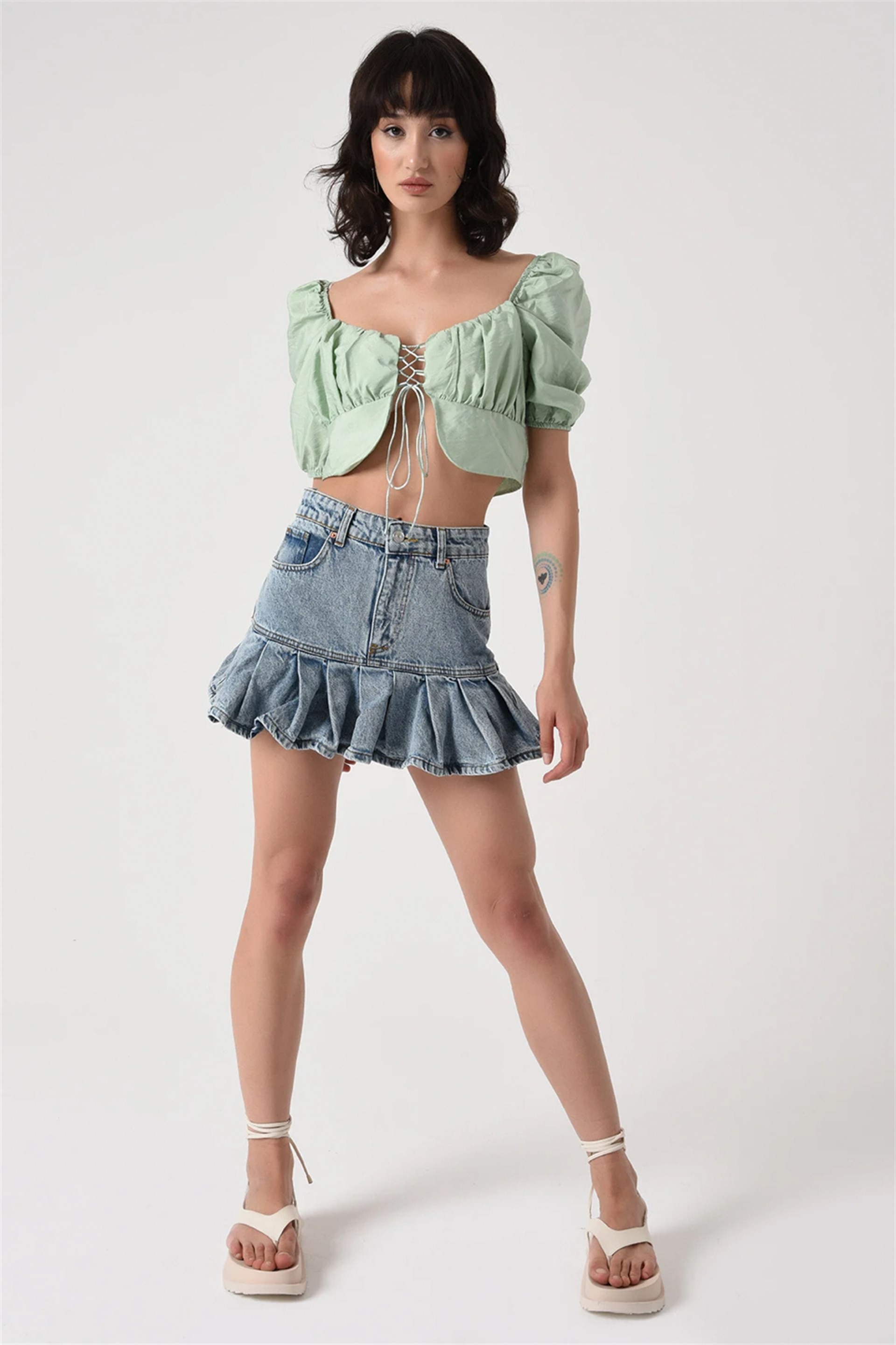 Kadın Mint Yeşili Büzgülü Crop Bluz