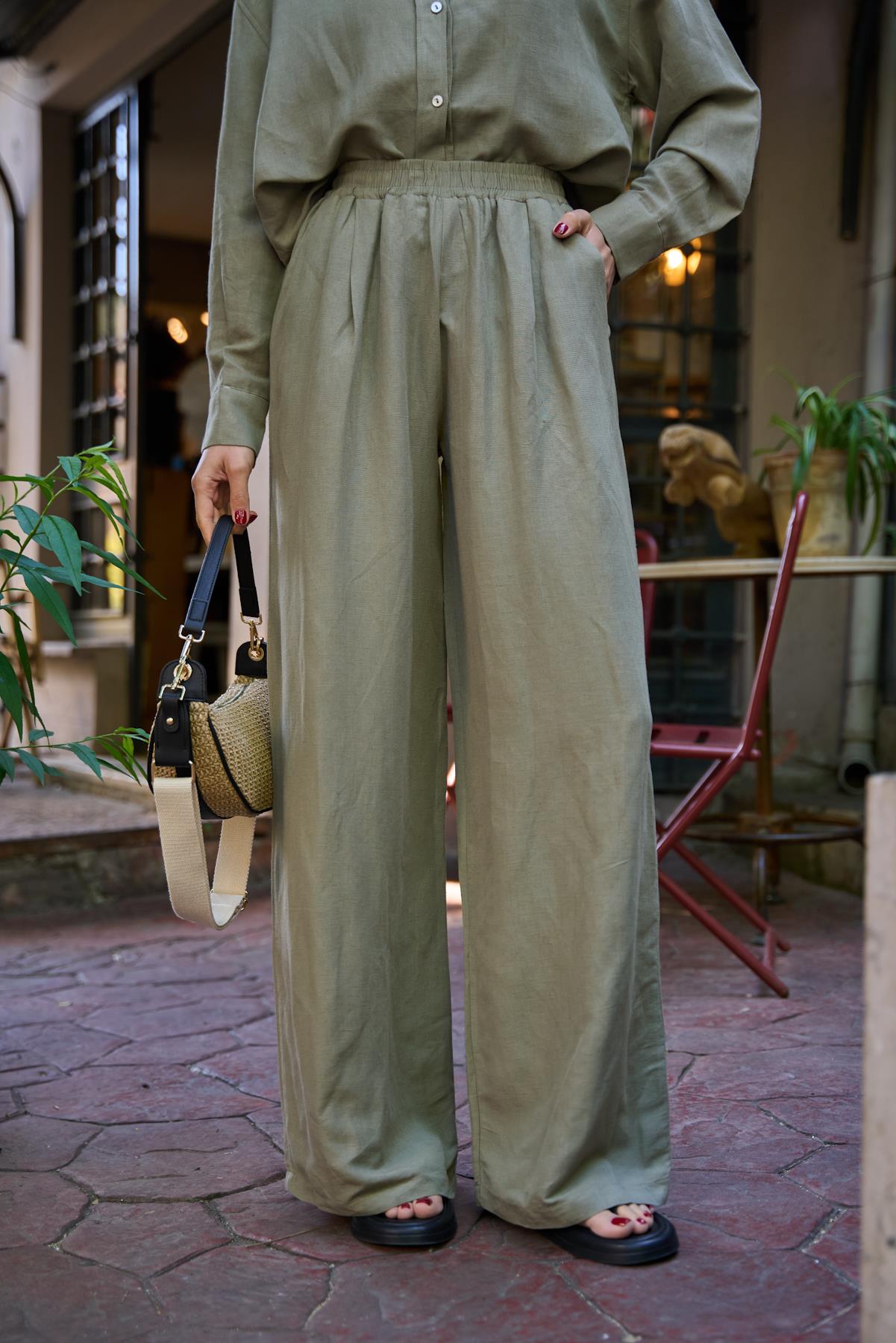 Beli Lastikli Bol Keten Haki Kadın Pantolon