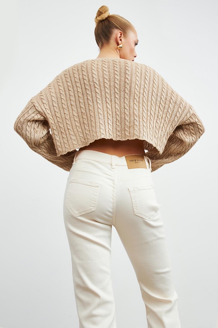 Bisiklet Yaka Saç Örgülü Simli Crop Bej Kadın Kazak