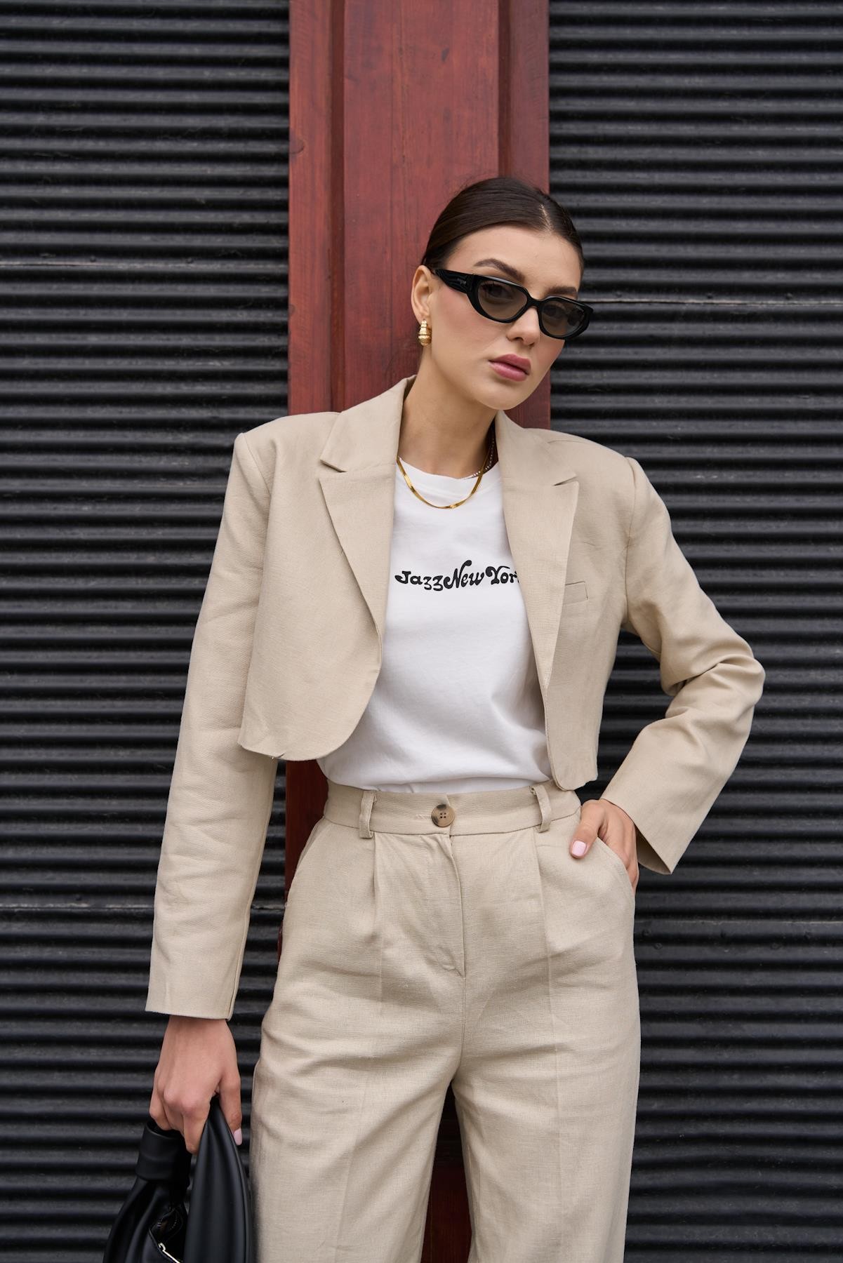 Kruvaze Yaka Keten Bej Kadın Crop Ceket