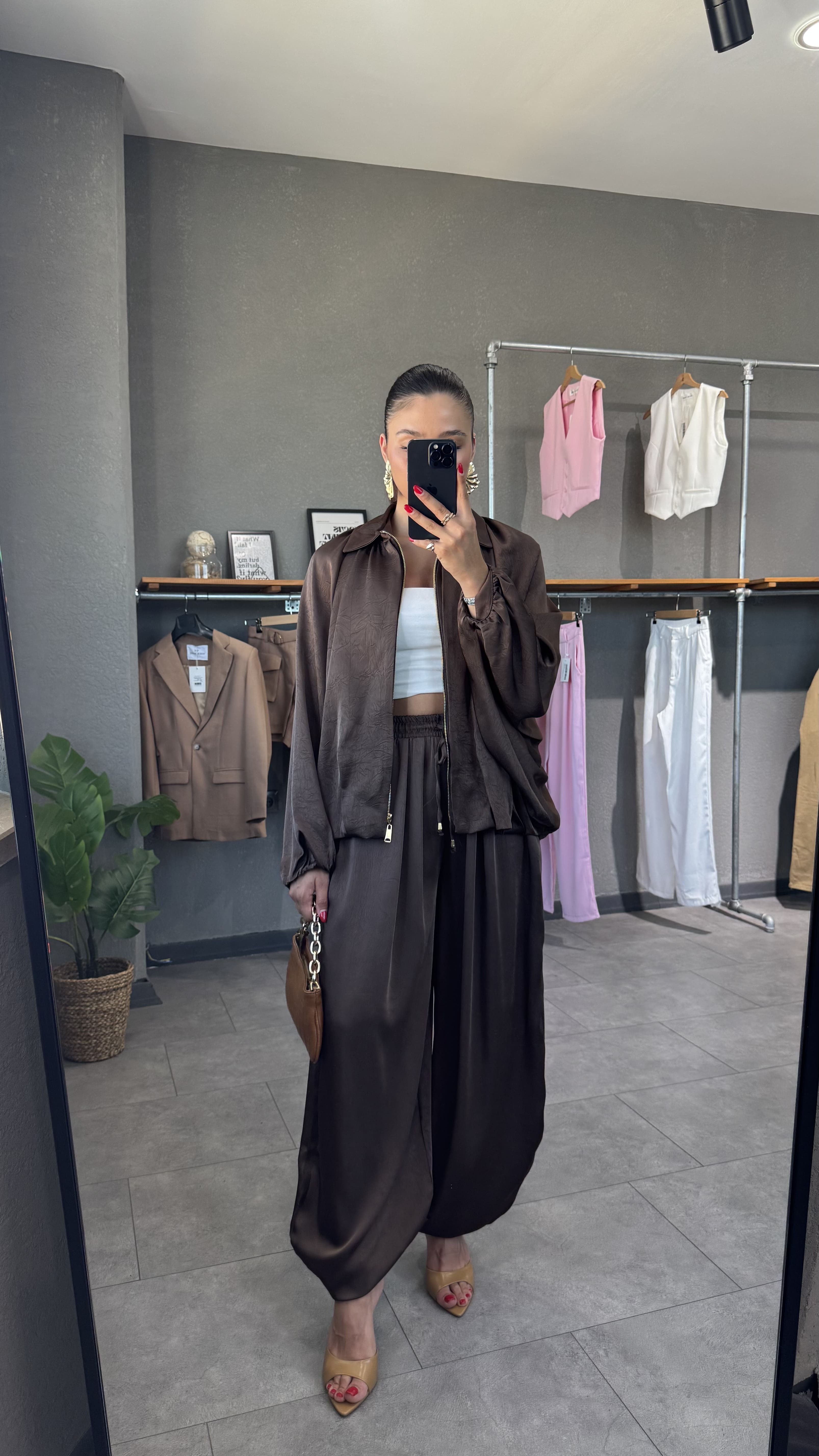 Beli Lastikli Saten Şalvar Pantolon - Kahve