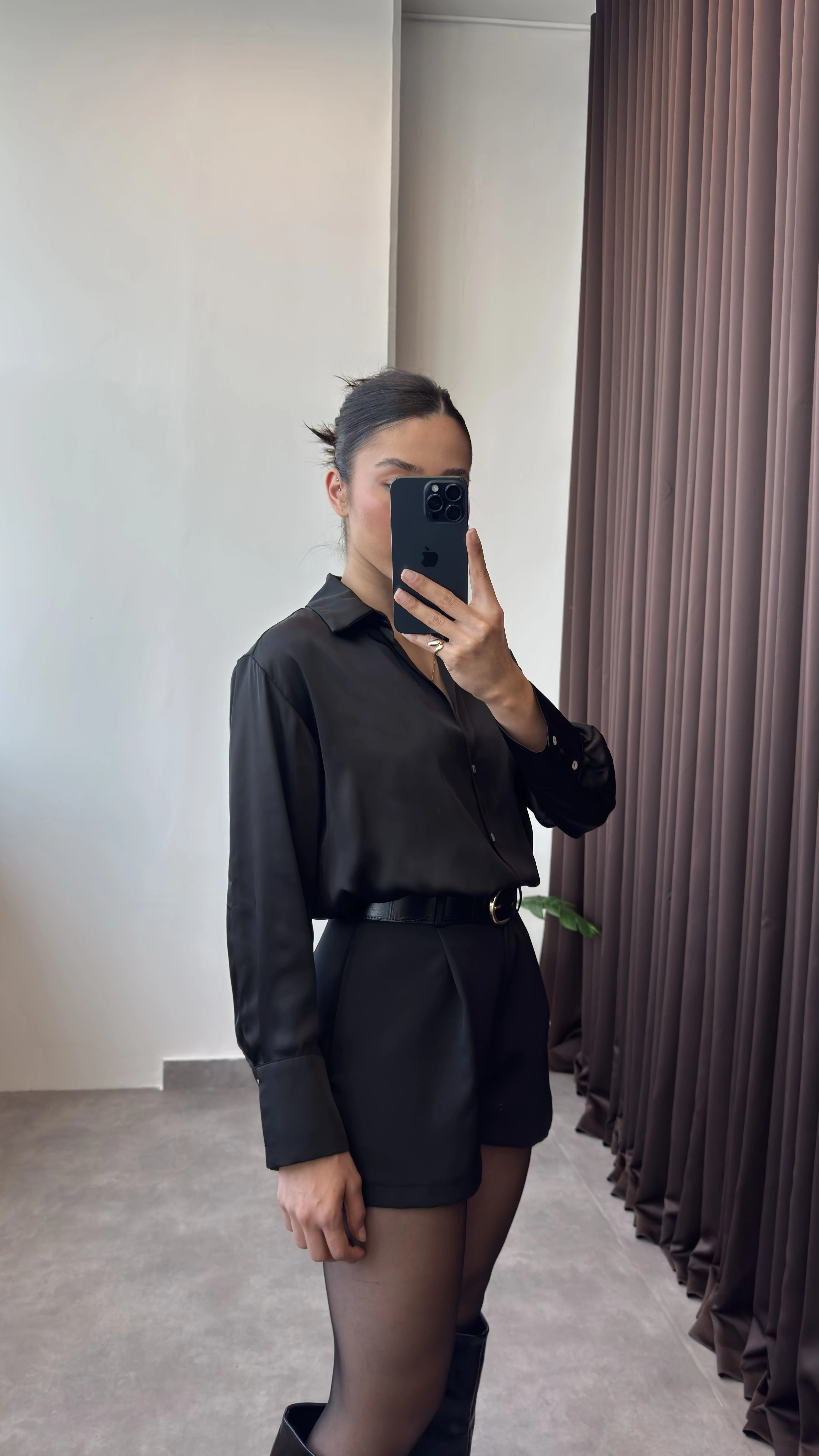 Basic Siyah Kadın Saten Gömlek