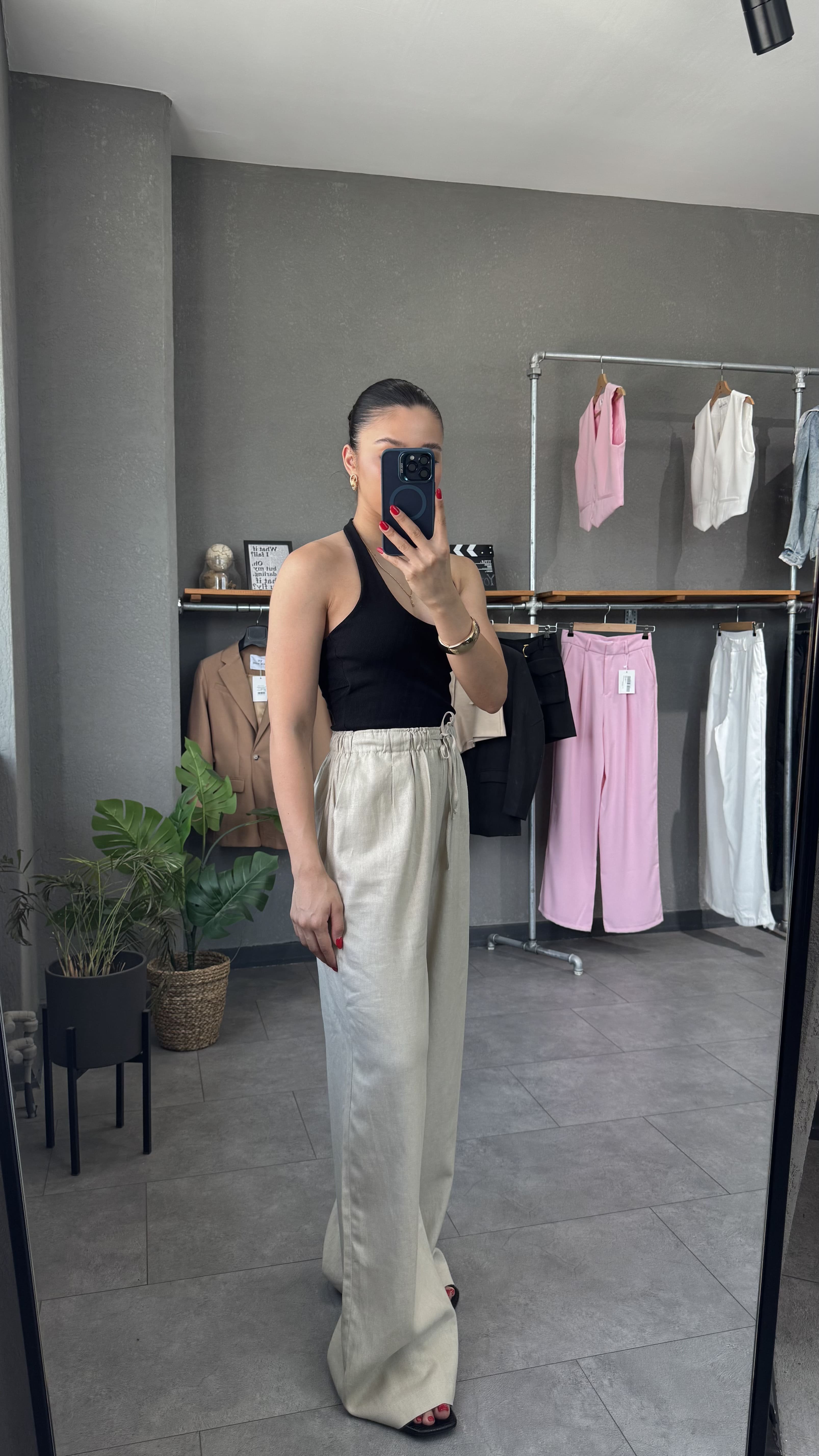 Beli Lastikli Düz Kesim Keten Taş Kadın Pantolon