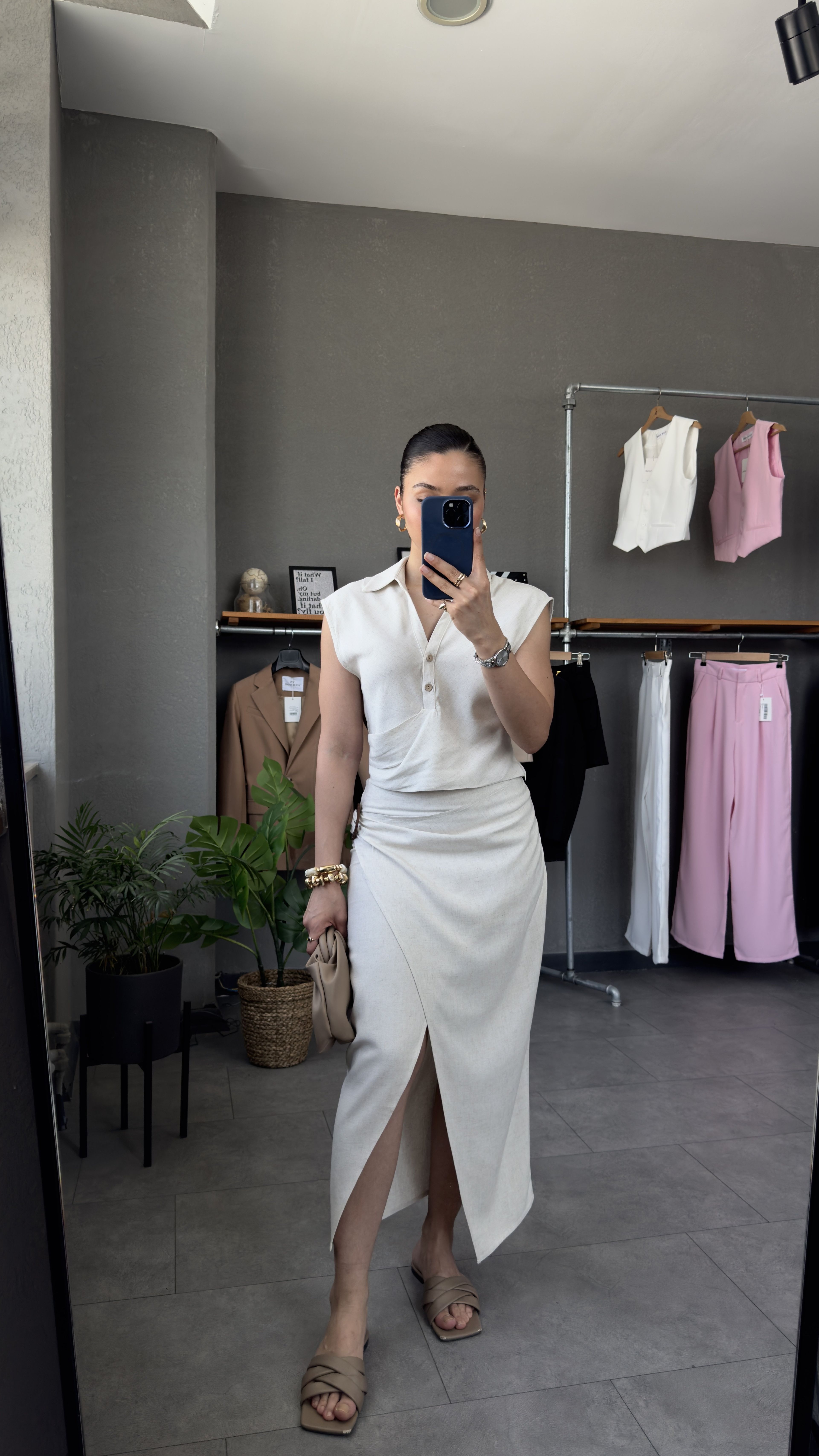 Tokalı Etek Crop Bluz Keten Takım