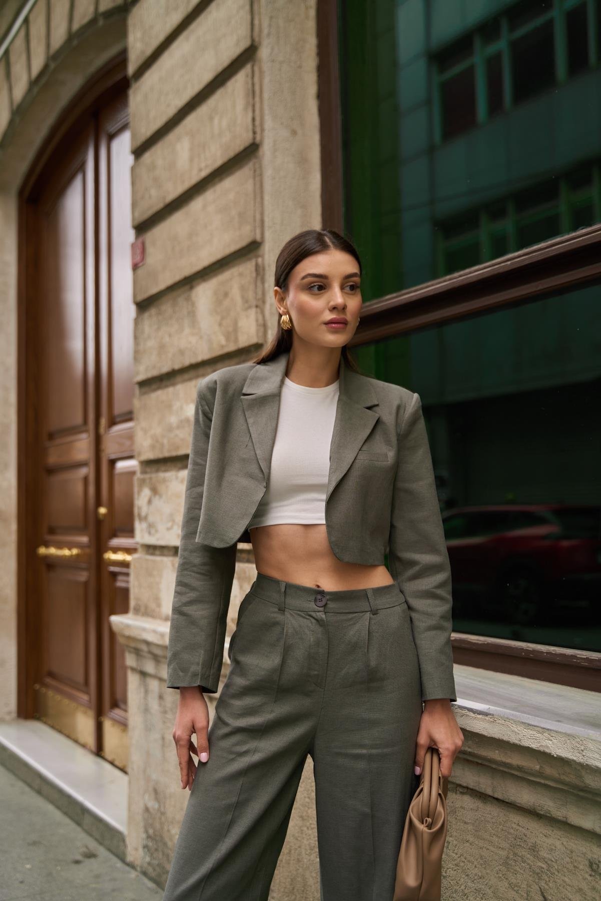 Kruvaze Yaka Keten Haki Kadın Crop Ceket