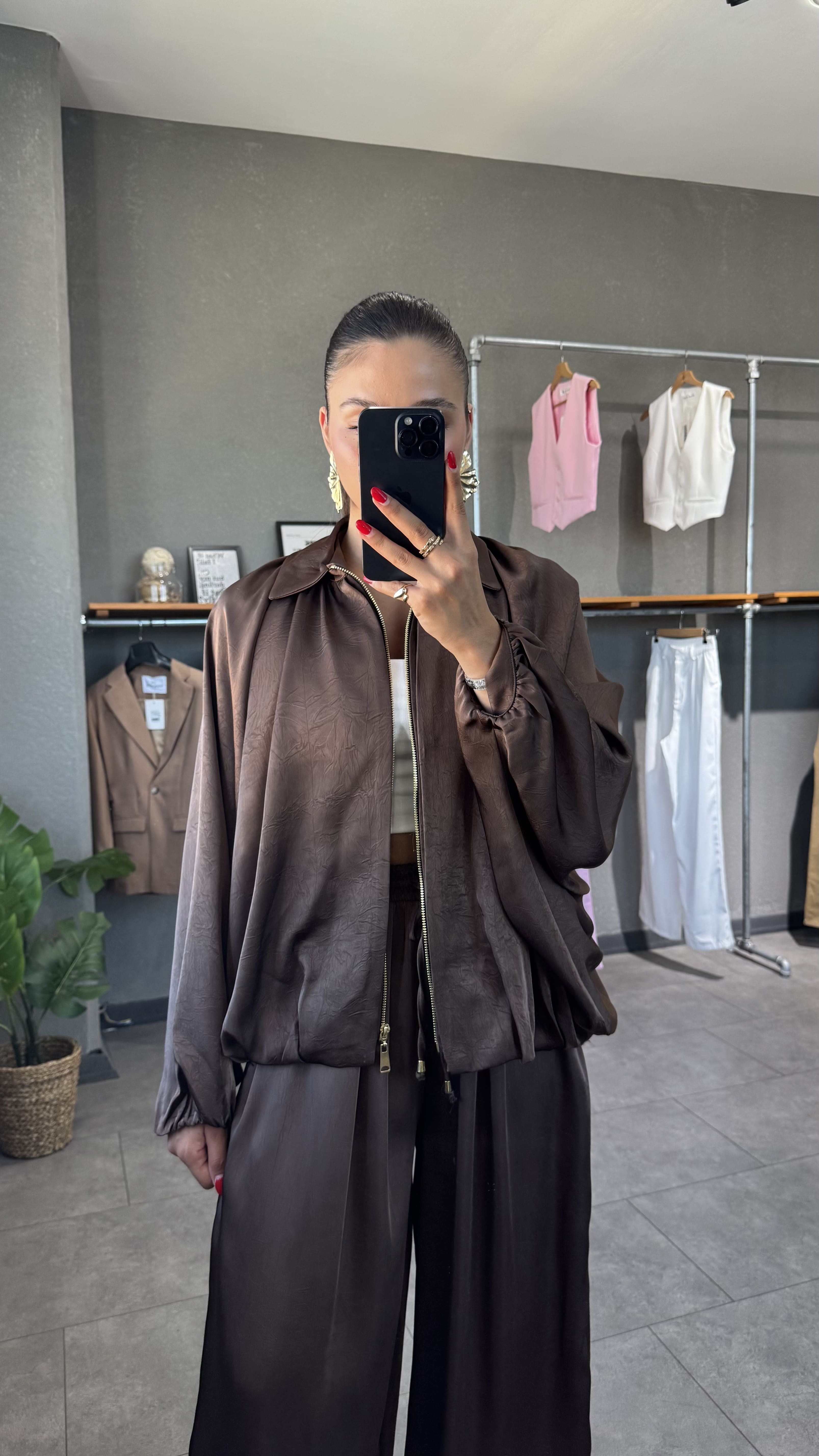Saten Bomber Ceket - Kahve