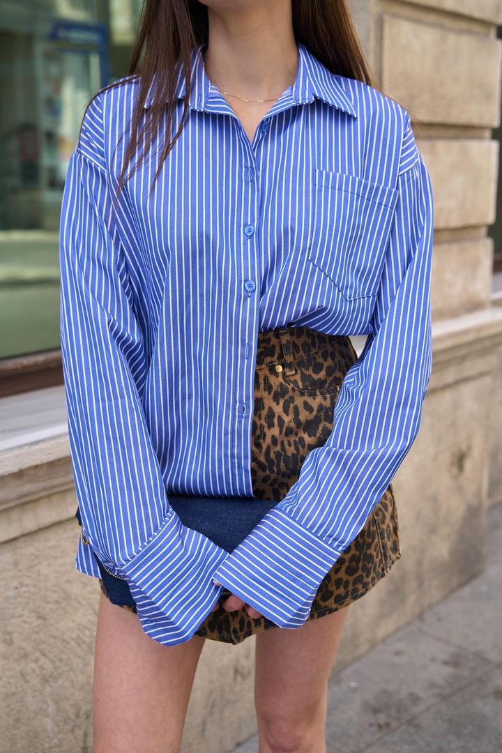 Poplin Oversize Çizgili Koyu Mavi Kadın Gömlek