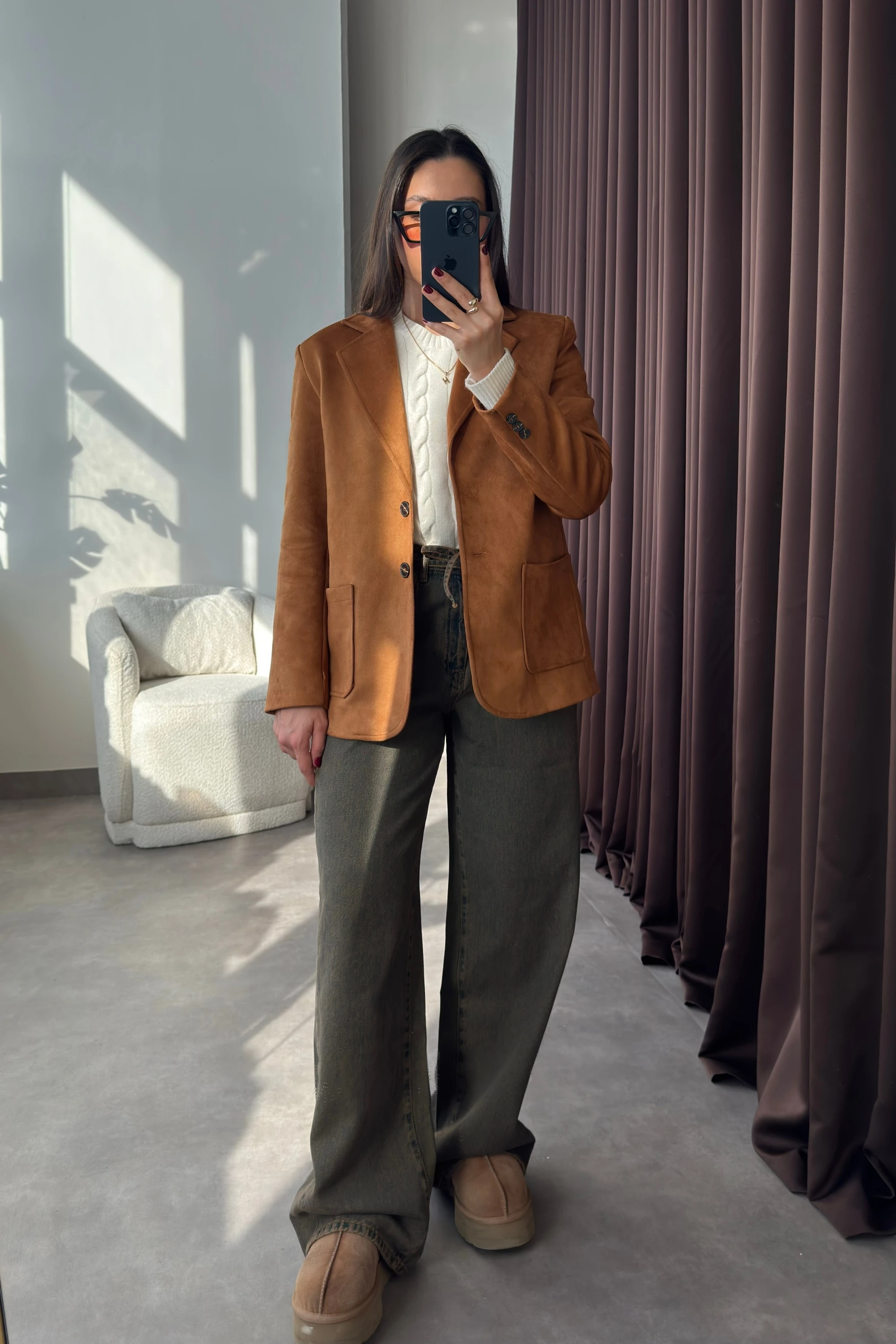 Vatkalı Cep Detaylı Taba Süet Kadın Blazer Ceket