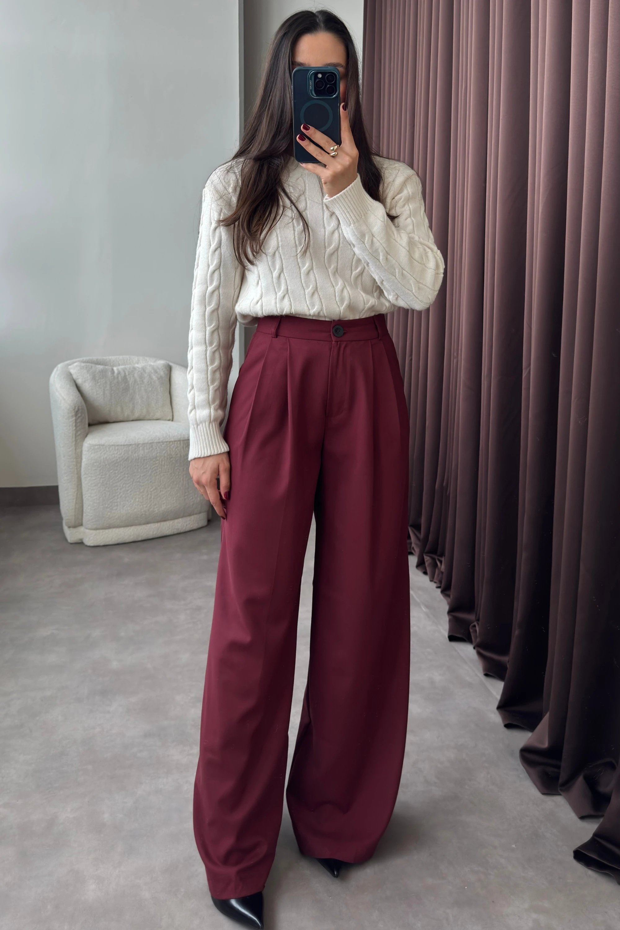 Yüksek Bel Pileli Bordo Kadın Pantolon