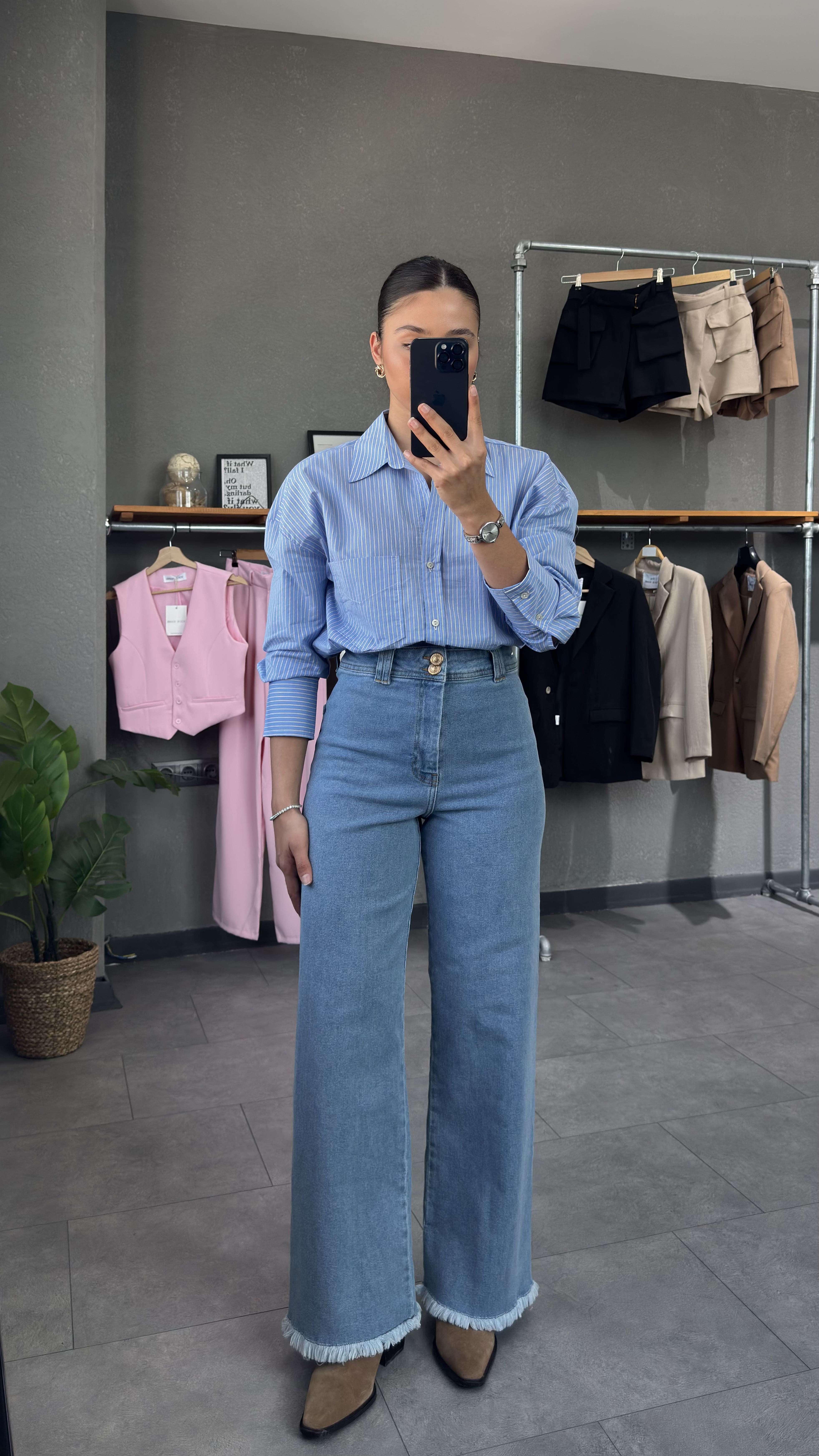 Yüksek Bel Pis Paça Mavi Kadın Wide Leg Jean