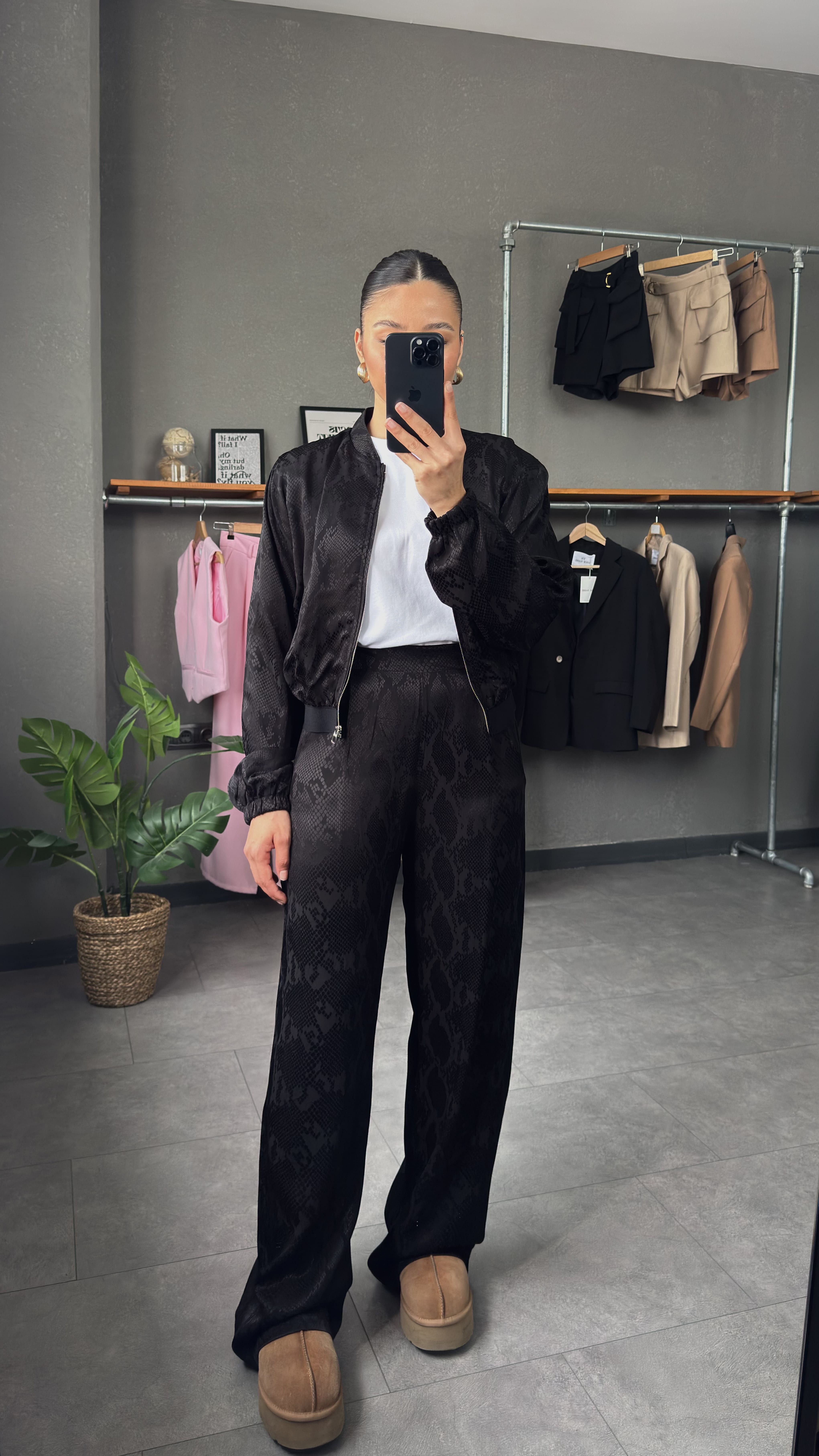 Leopar Desenli Saten Bomber Ceket Pantolon Takım