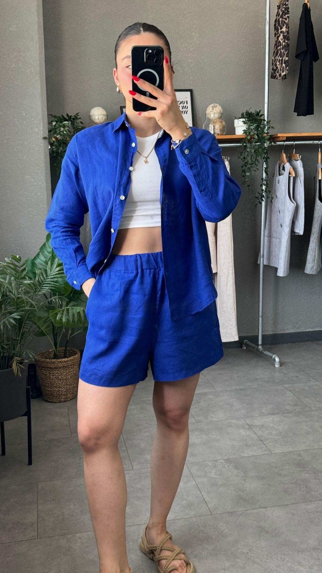 Oversize Keten Saks Mavi Kadın Gömlek
