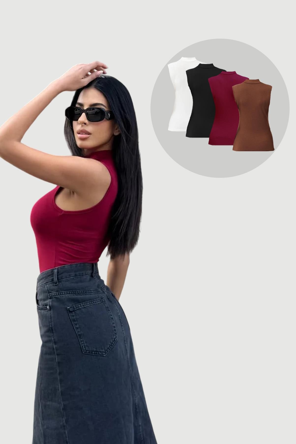 Kadın Bordo Beyaz Siyah Acı Kahve 4'lü Kolsuz Bluz