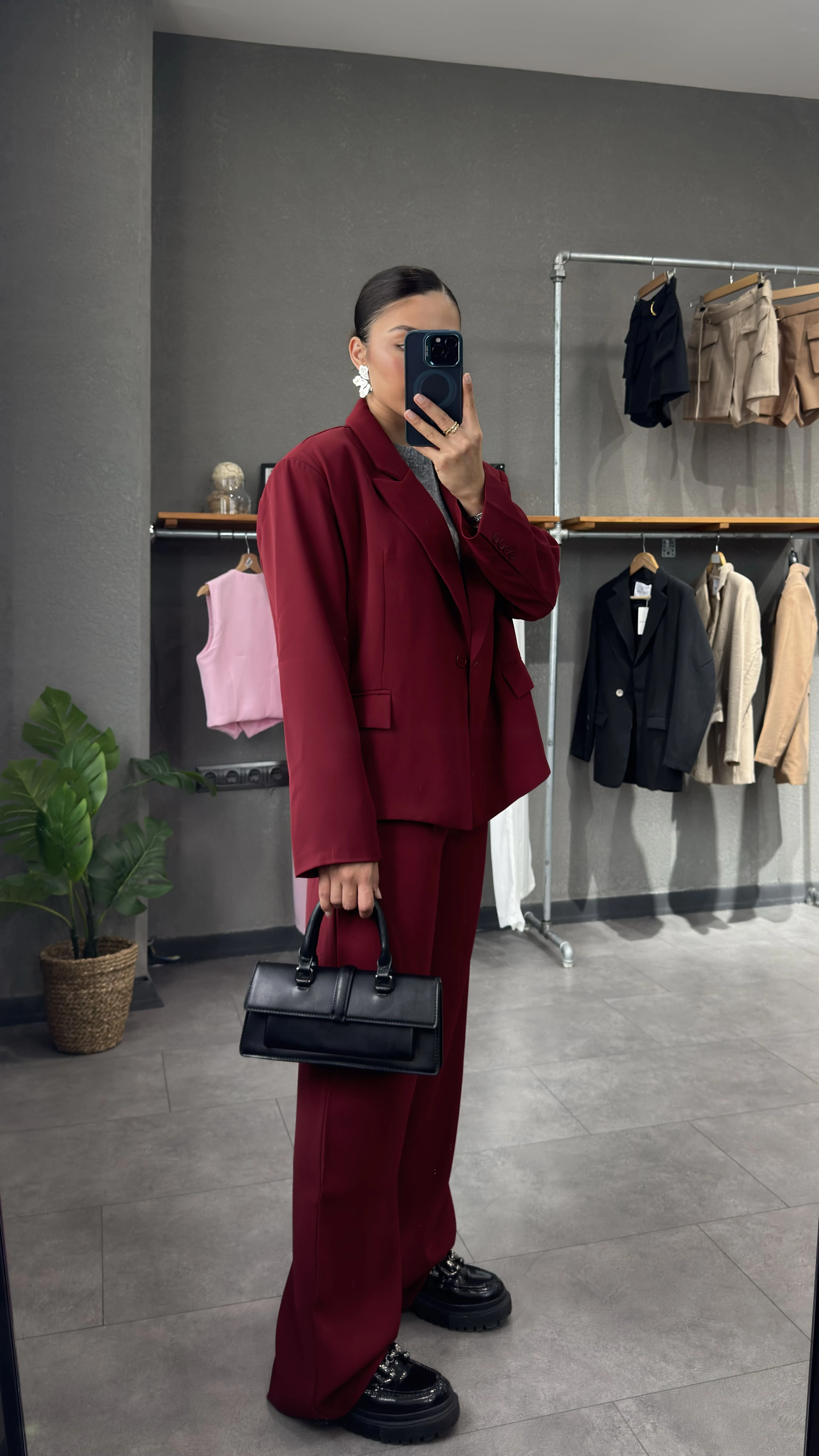Oversize Vatkalı Bordo Kadın Blazer Ceket