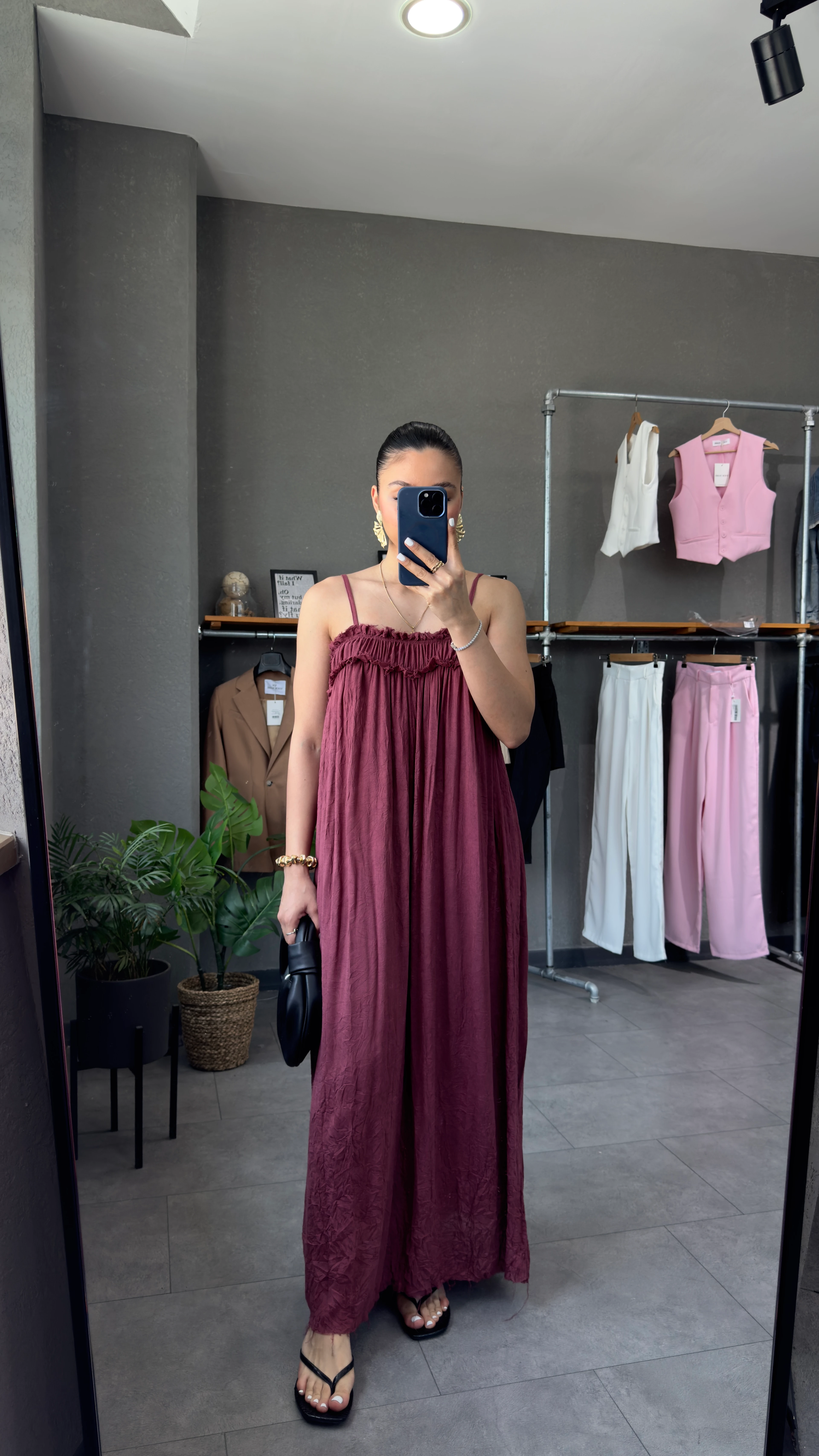 İp Askılı Uzun Elbise - Bordo