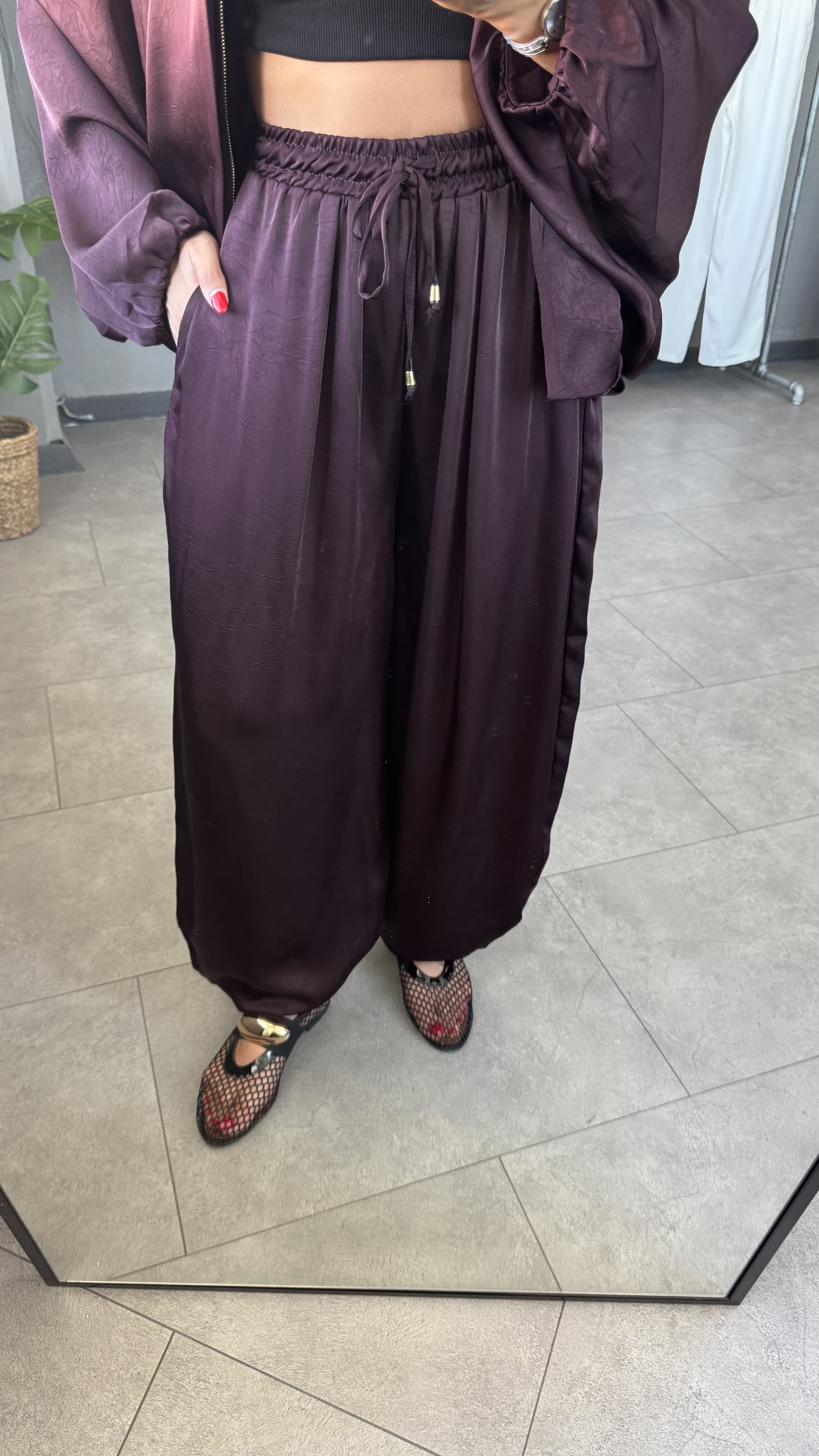 Beli Lastikli Saten Şalvar Pantolon