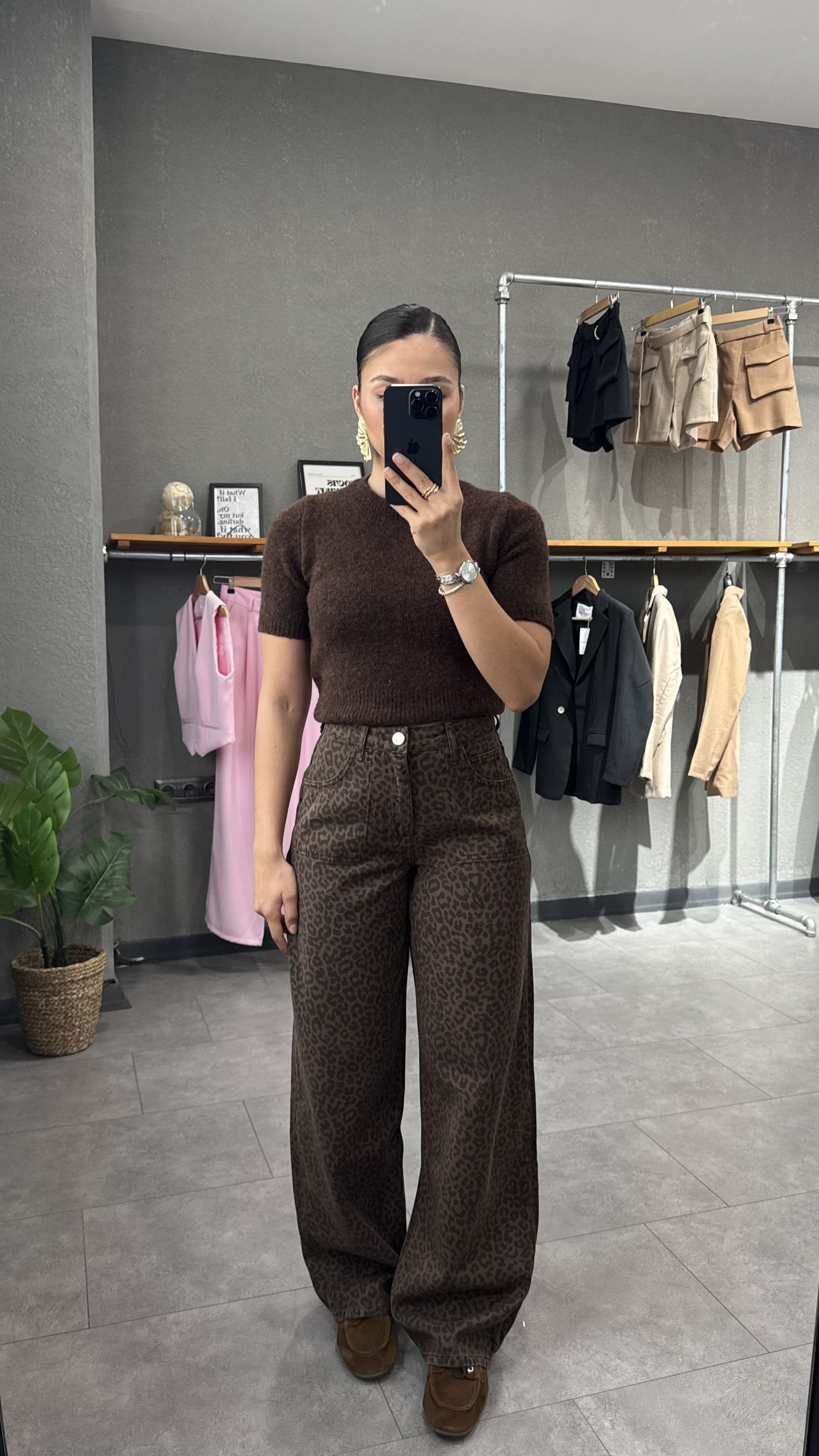 Yüksek Bel Leopar Desenli Kahve Straight Fit Kadın Jean