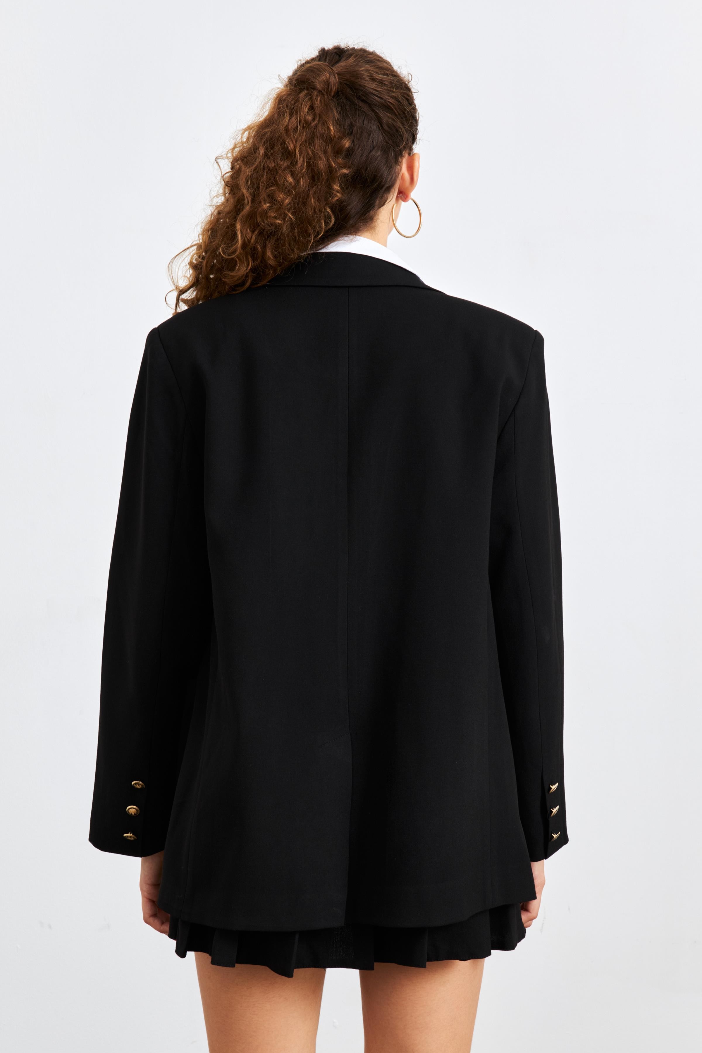 Cep Detaylı Oversize Siyah Blazer Ceket