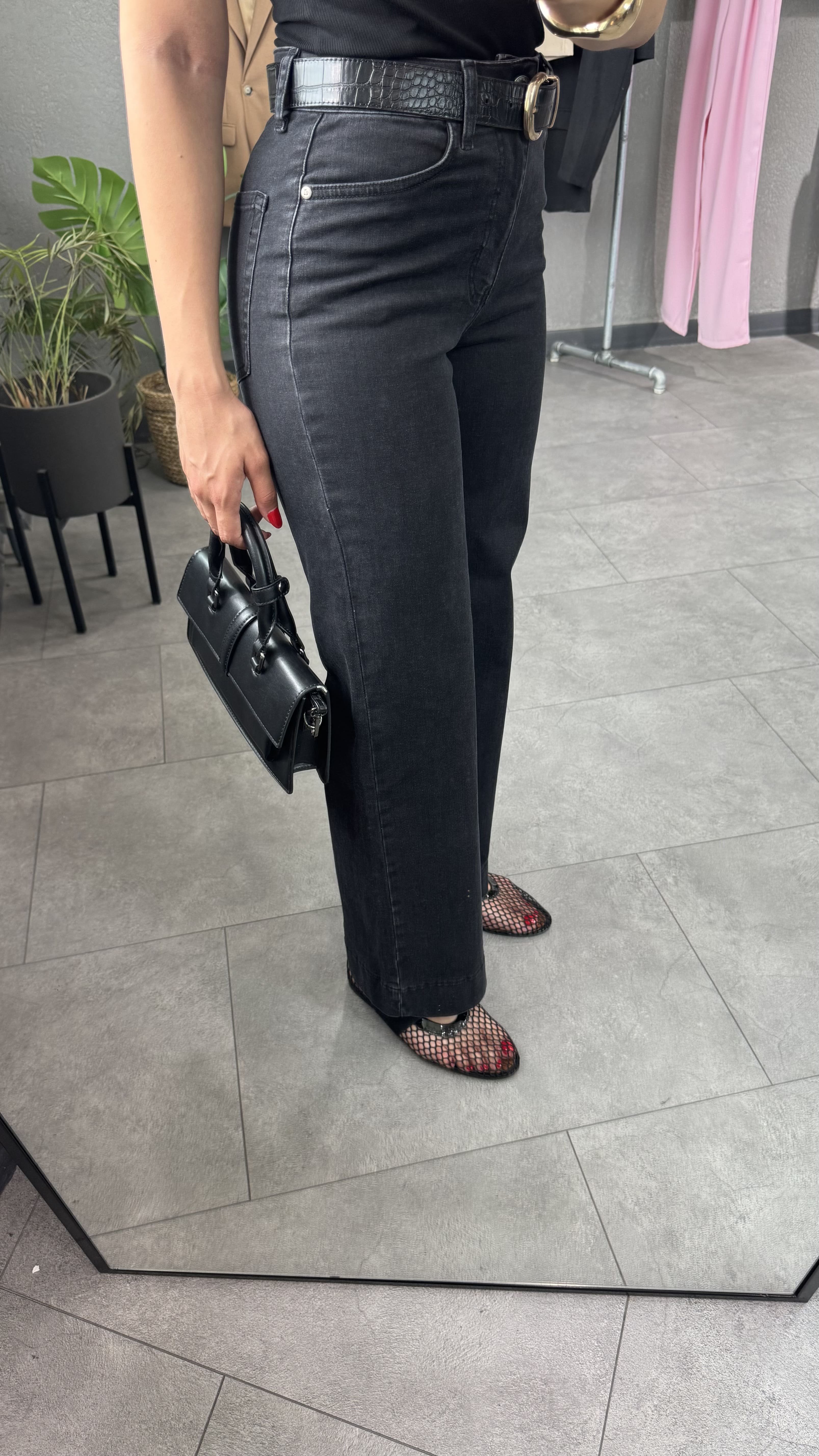 Yüksek Bel Paça Detaylı Wide Leg Jean