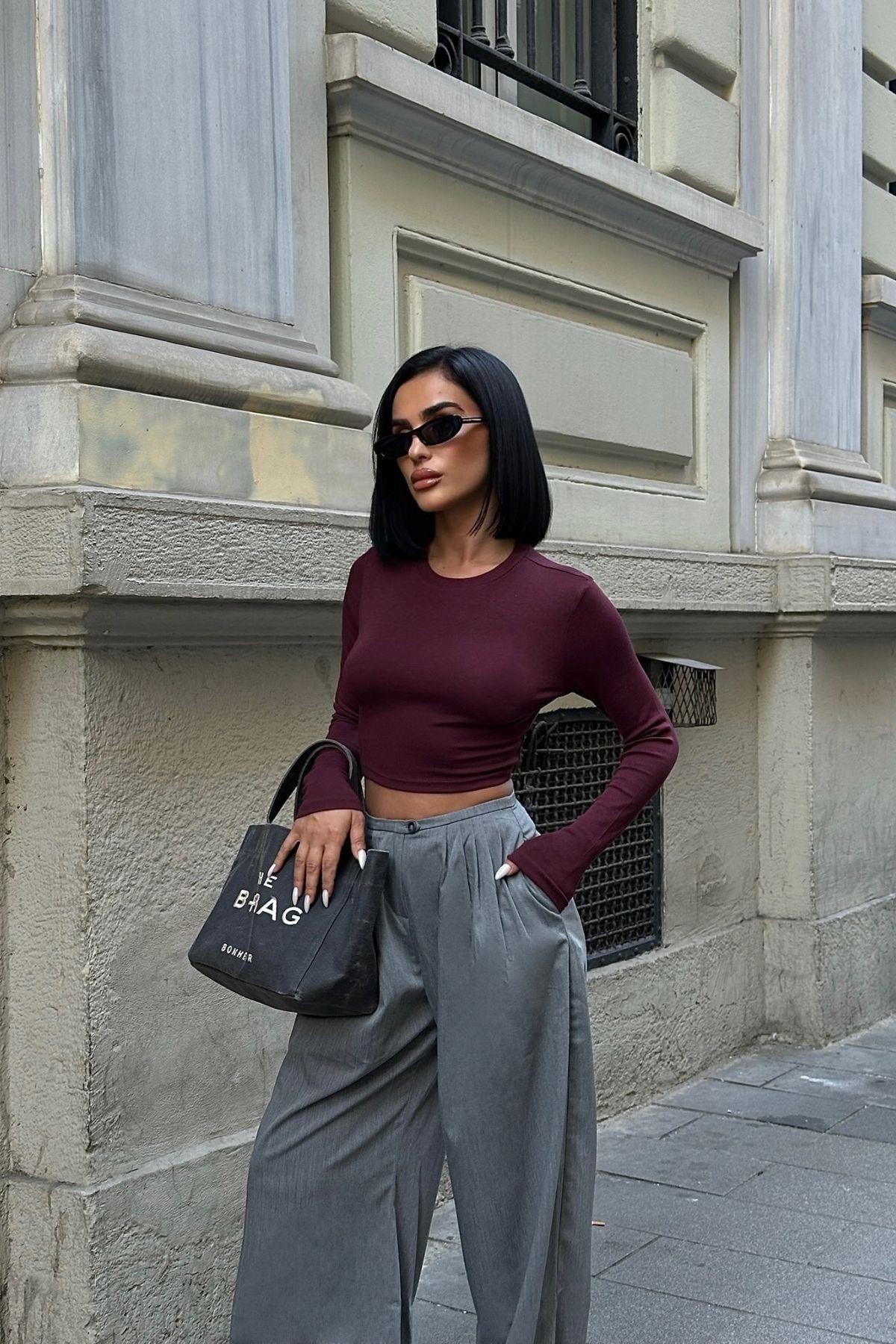 Bisiklet Yaka Crop Bordo Kadın Bluz