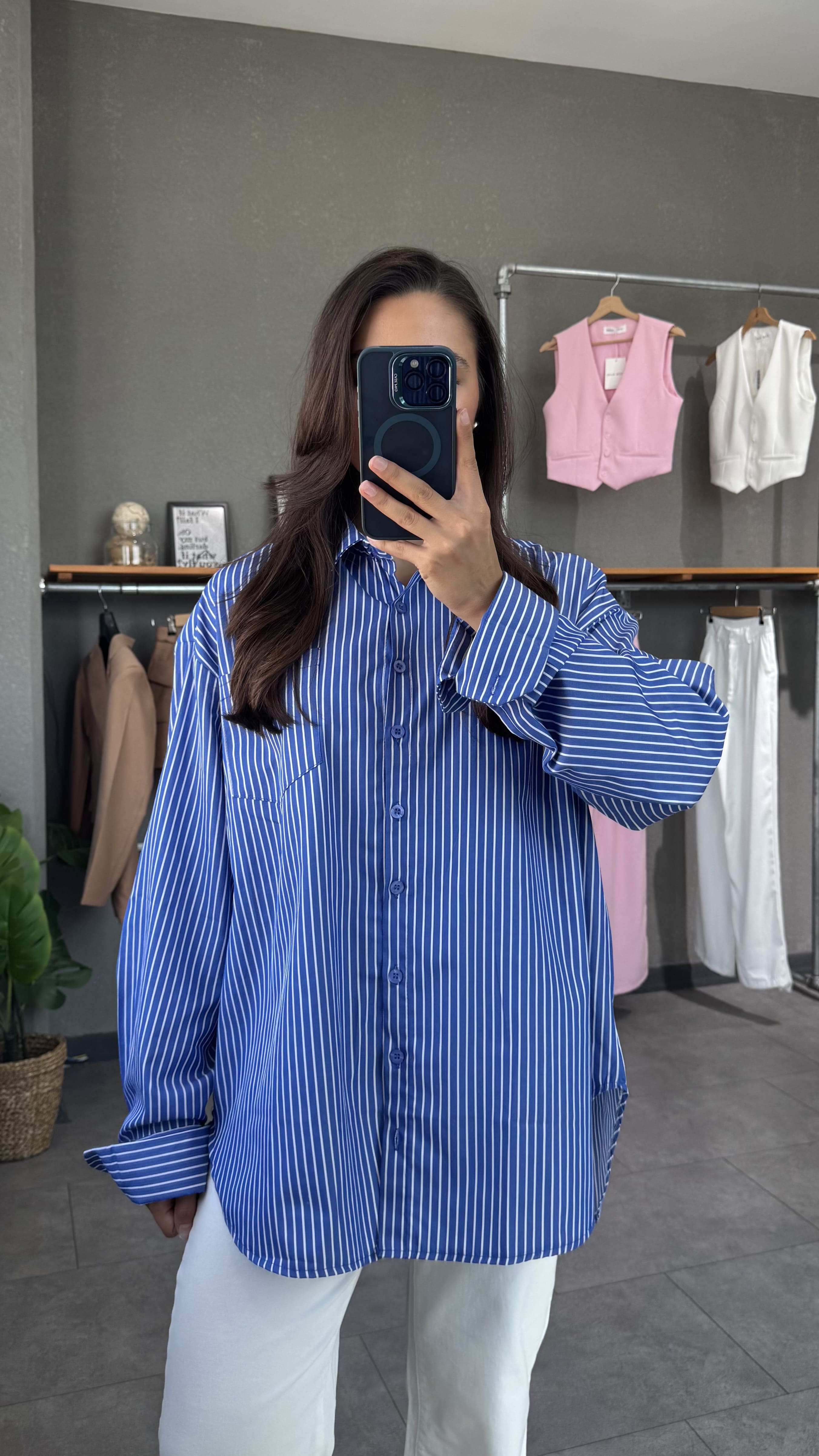 Poplin Oversize Çizgili Koyu Mavi Kadın Gömlek